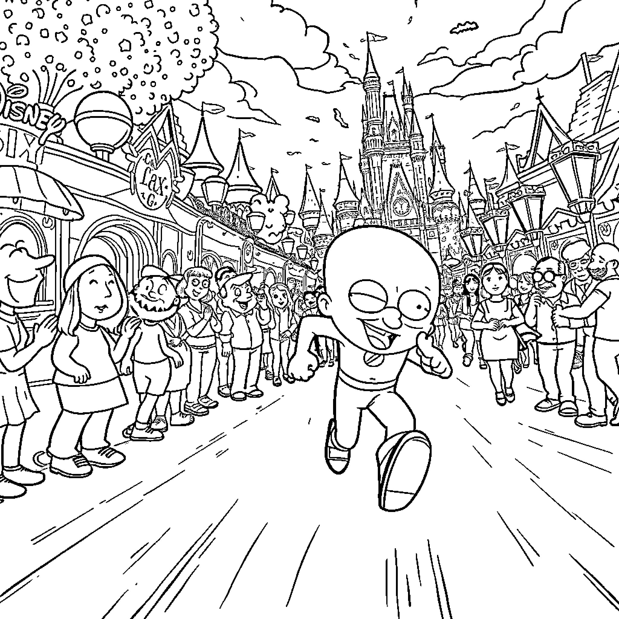 Stewie's Whimsical Adventure in the Fantastical Disney Park Coloring Page (free black-and-white line drawing printable PDF for all, from beginners to advanced learners, including children, teens, adults, and seniors)