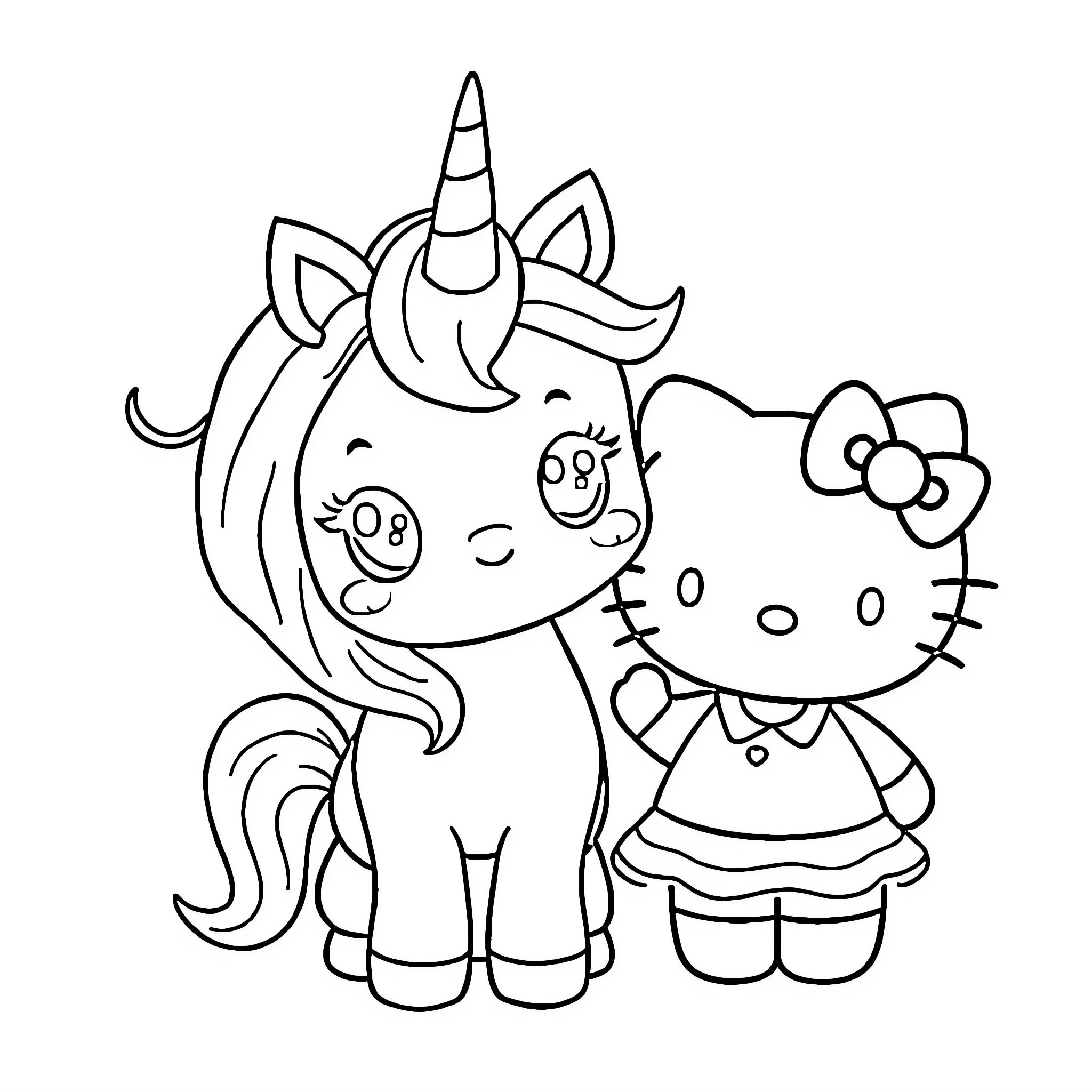 Unicorn and Hello Kitty enjoy a playful moment Coloring Page (free black-and-white line drawing printable PDF for all, from beginners to advanced learners, including children, teens, adults, and seniors)