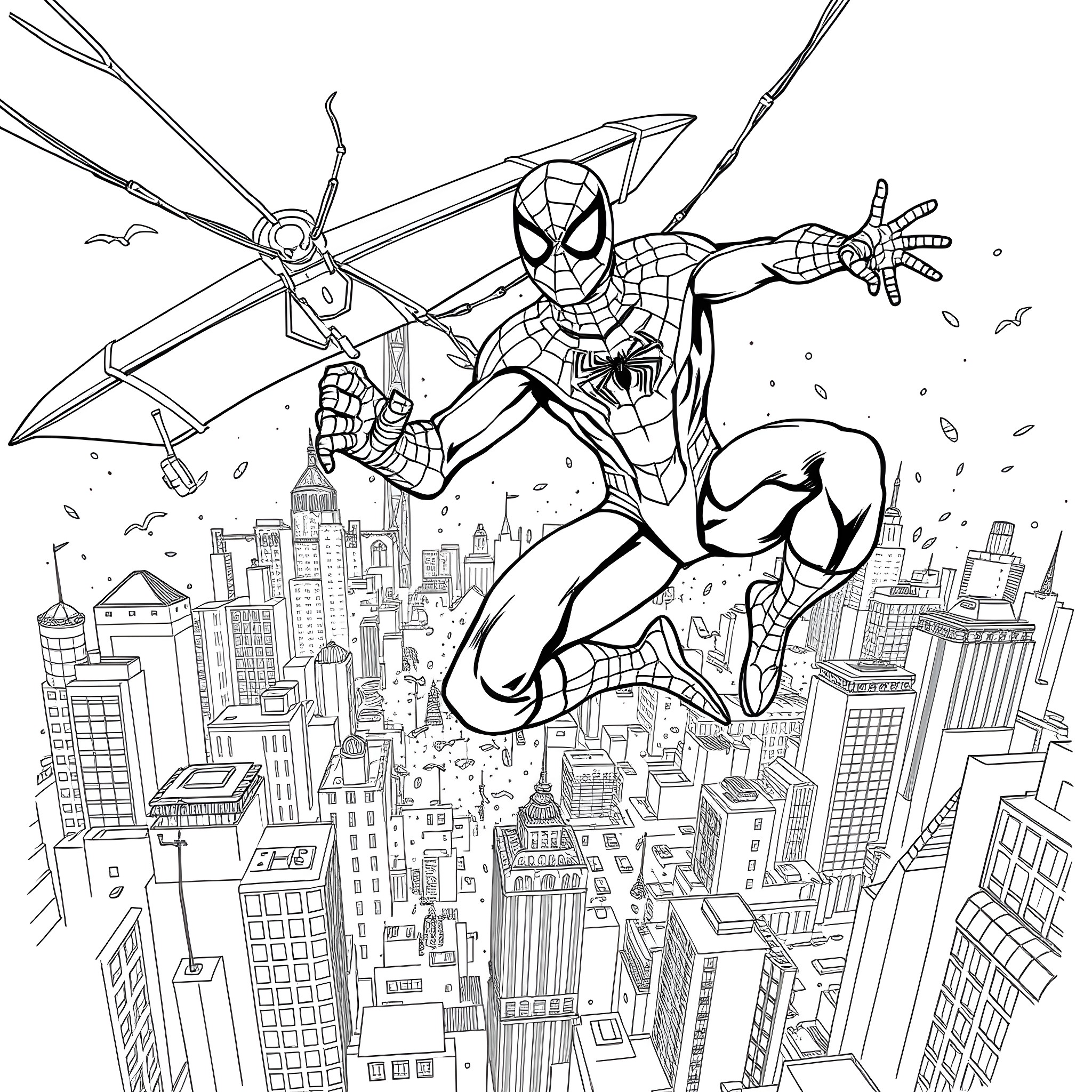 Spiderman swinging heroically over the city Coloring Page (free black-and-white line drawing printable PDF for all, from beginners to advanced learners, including children, teens, adults, and seniors)