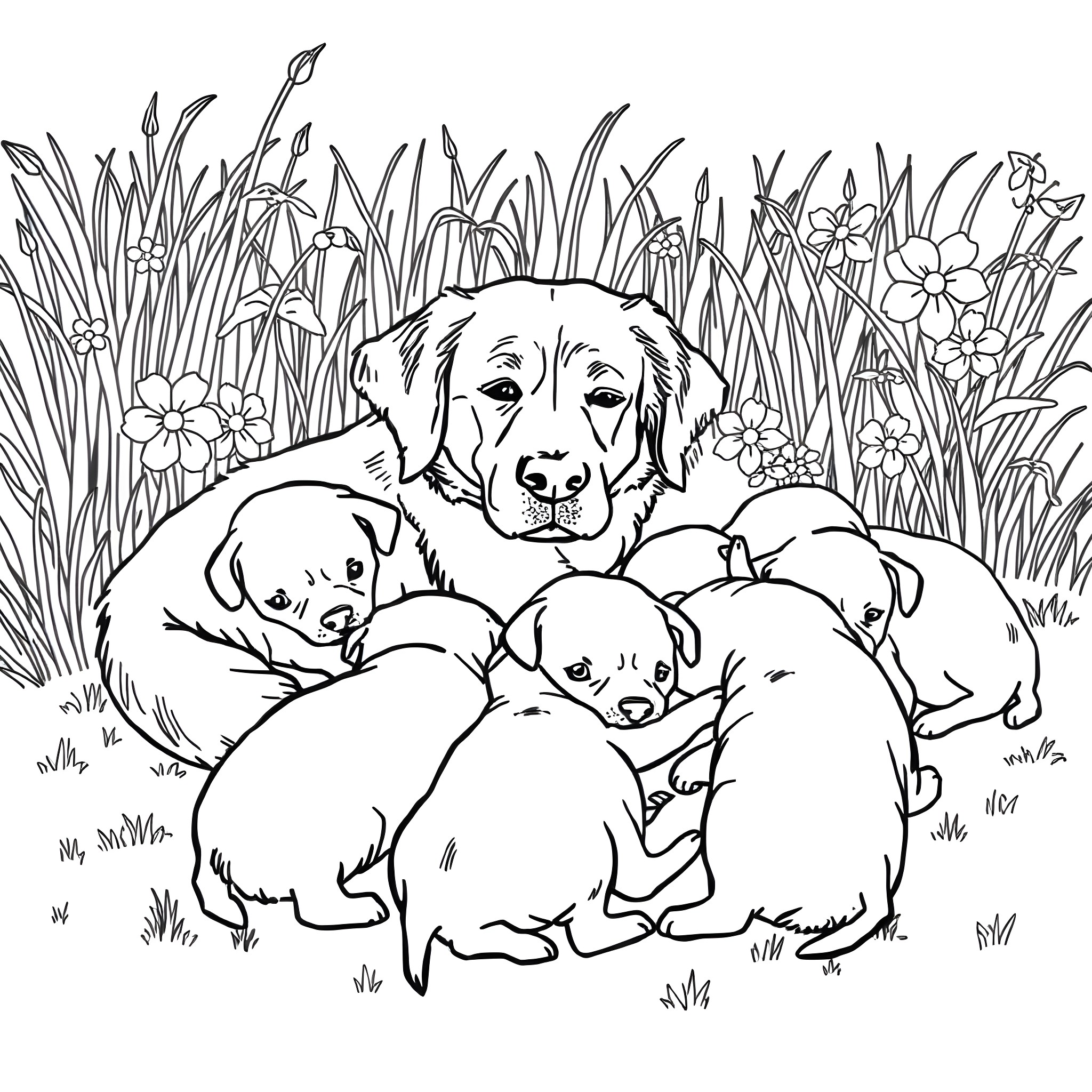 Dog Surrounded by Puppies in Floral Garden Coloring Page (free black-and-white line drawing printable PDF for all, from beginners to advanced learners, including children, teens, adults, and seniors)