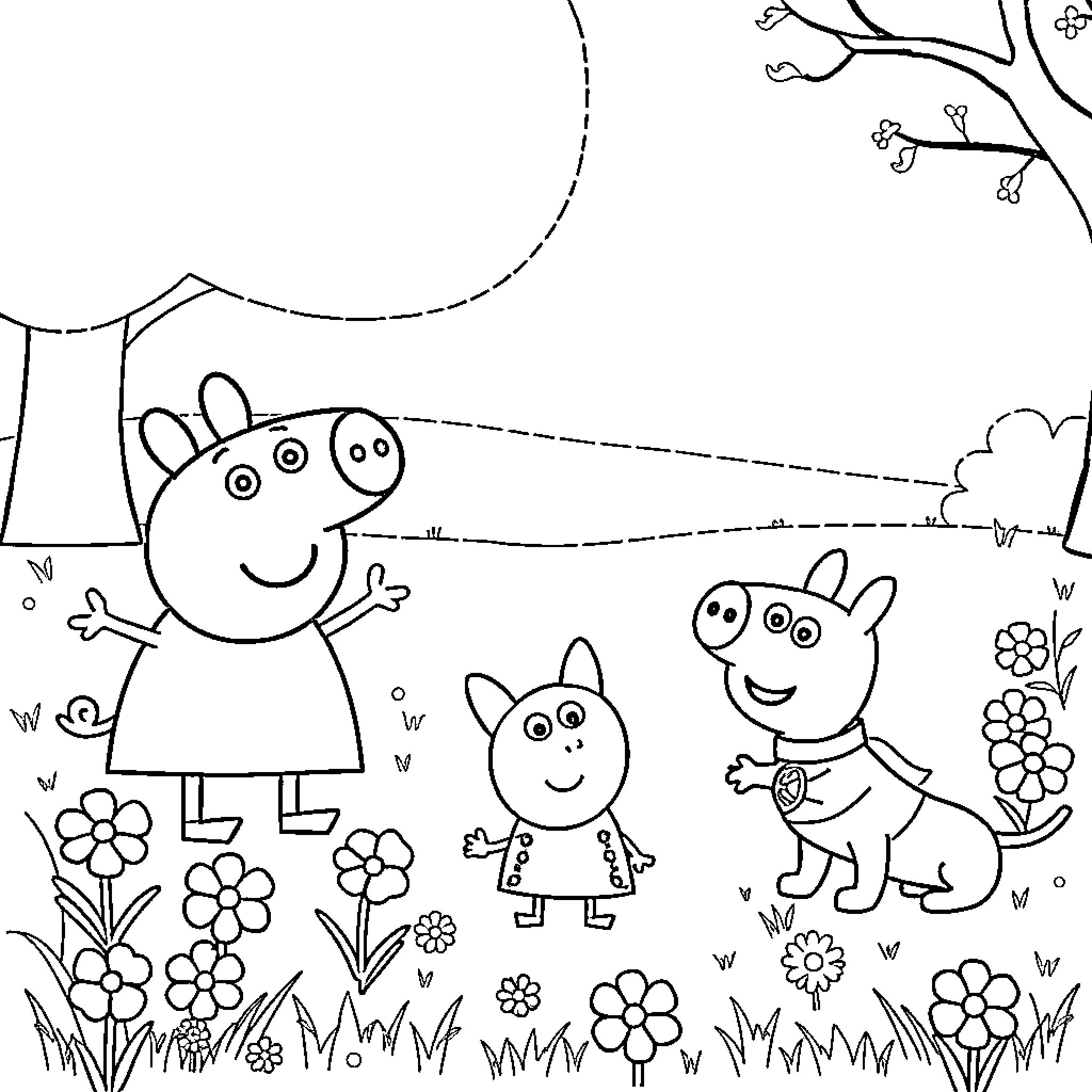 Peppa Pig and Friends Enjoying Nature Coloring Page (free black-and-white line drawing printable PDF for all, from beginners to advanced learners, including children, teens, adults, and seniors)