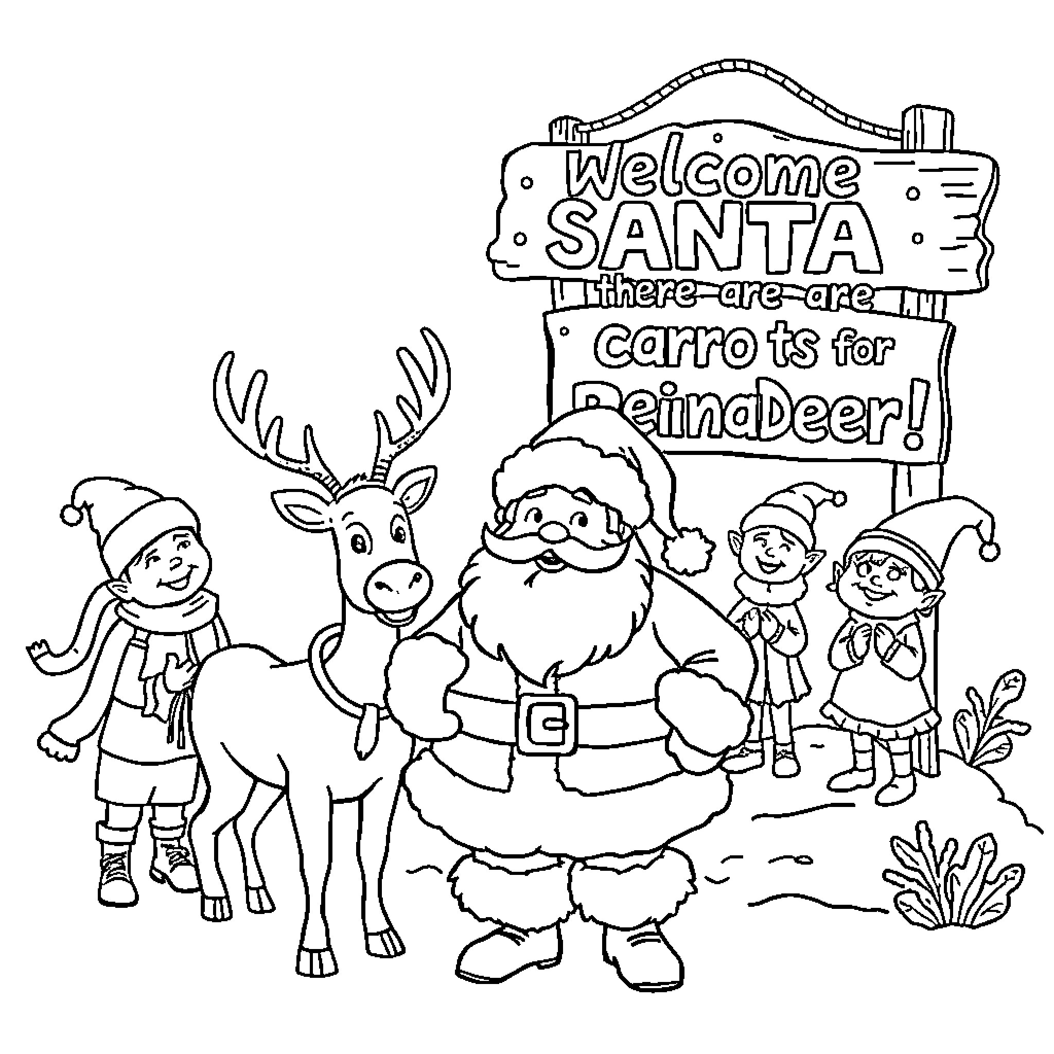 Santa Welcomes Reindeer and Elves for Christmas Coloring Page (free black-and-white line drawing printable PDF for all, from beginners to advanced learners, including children, teens, adults, and seniors)
