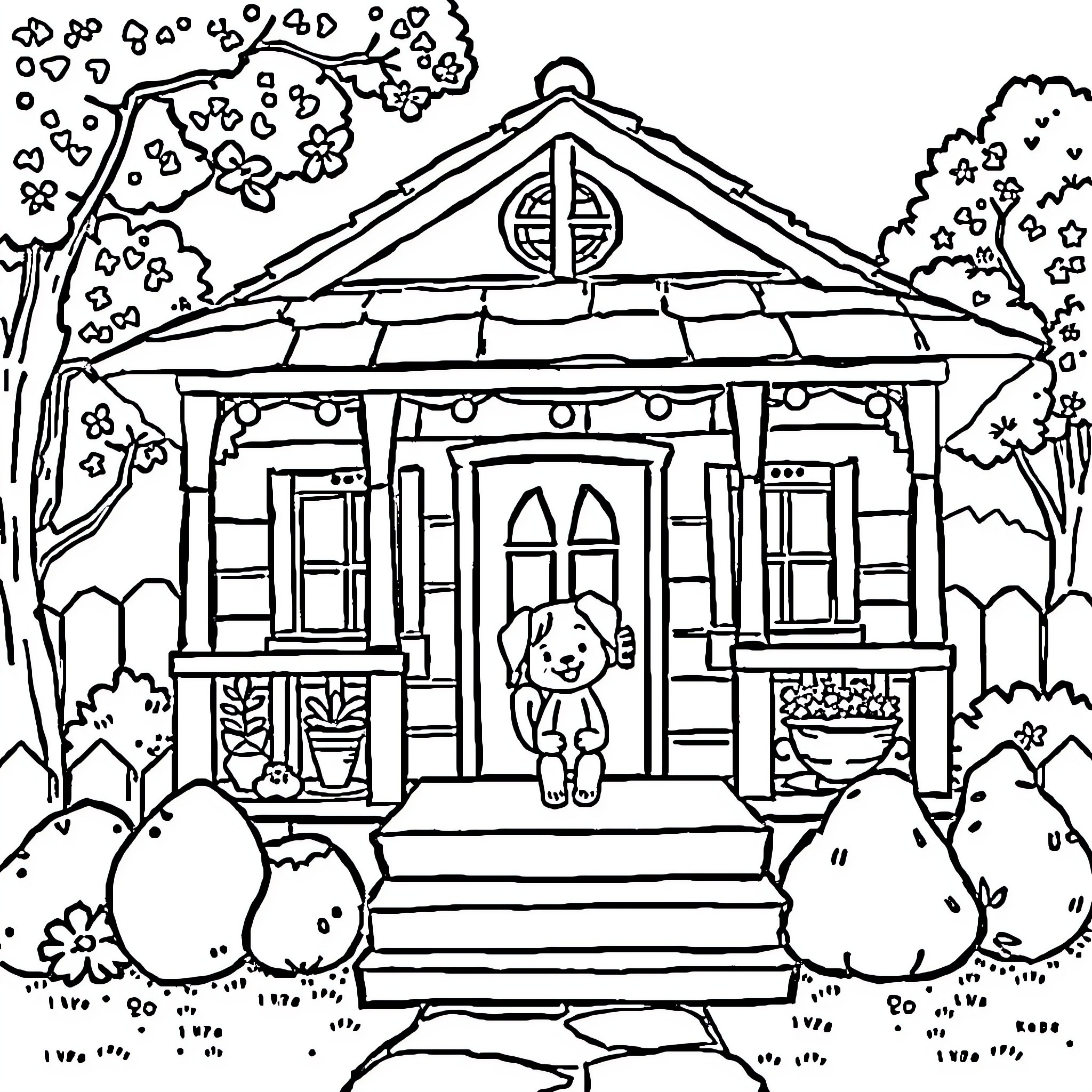 Gabby's House - Whimsical Cottage with Friendly Bunny Coloring Page (free black-and-white line drawing printable PDF for all, from beginners to advanced learners, including children, teens, adults, and seniors)