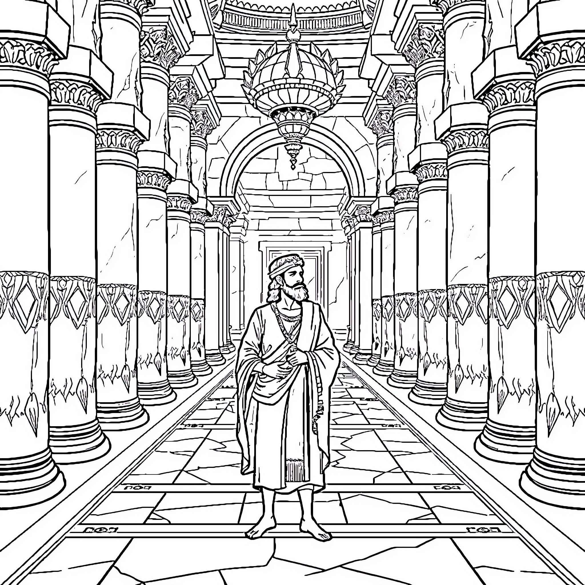 Joseph's Contemplative Journey Through the Ornate Halls Coloring Page (free black-and-white line drawing printable PDF for all, from beginners to advanced learners, including children, teens, adults, and seniors)
