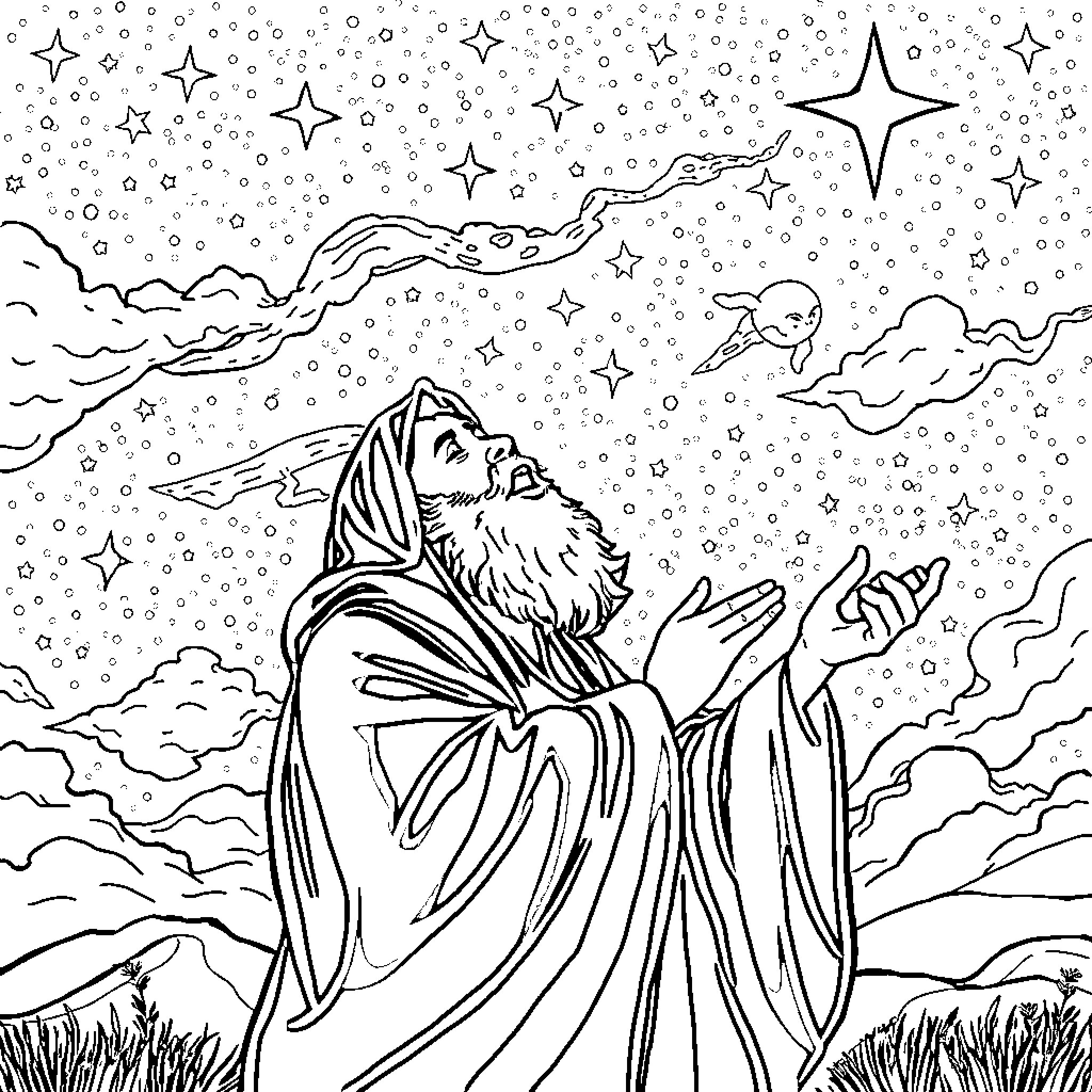 Rumi in Starry Night Contemplation Coloring Page (free black-and-white line drawing printable PDF for all, from beginners to advanced learners, including children, teens, adults, and seniors)