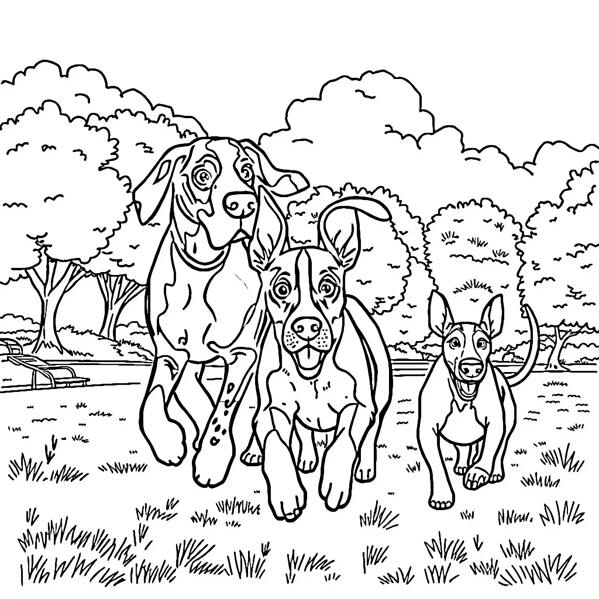 Dog family joyfully exploring the wilderness Coloring Page (free black-and-white line drawing printable PDF for all, from beginners to advanced learners, including children, teens, adults, and seniors)