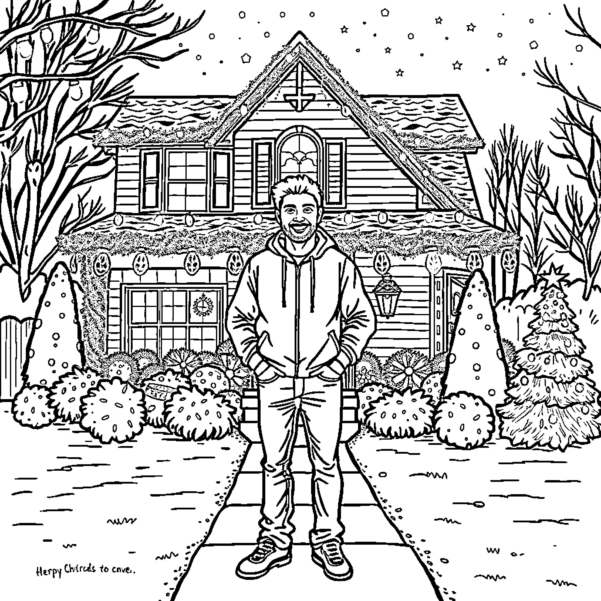 Friend enjoying the cozy winter cabin scene Coloring Page (free black-and-white line drawing printable PDF for all, from beginners to advanced learners, including children, teens, adults, and seniors)