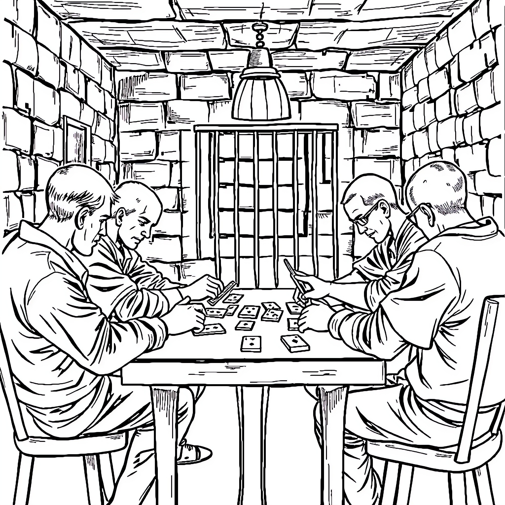 Prisoners Playing Cards in Cell Coloring Page (free black-and-white line drawing printable PDF for all, from beginners to advanced learners, including children, teens, adults, and seniors)