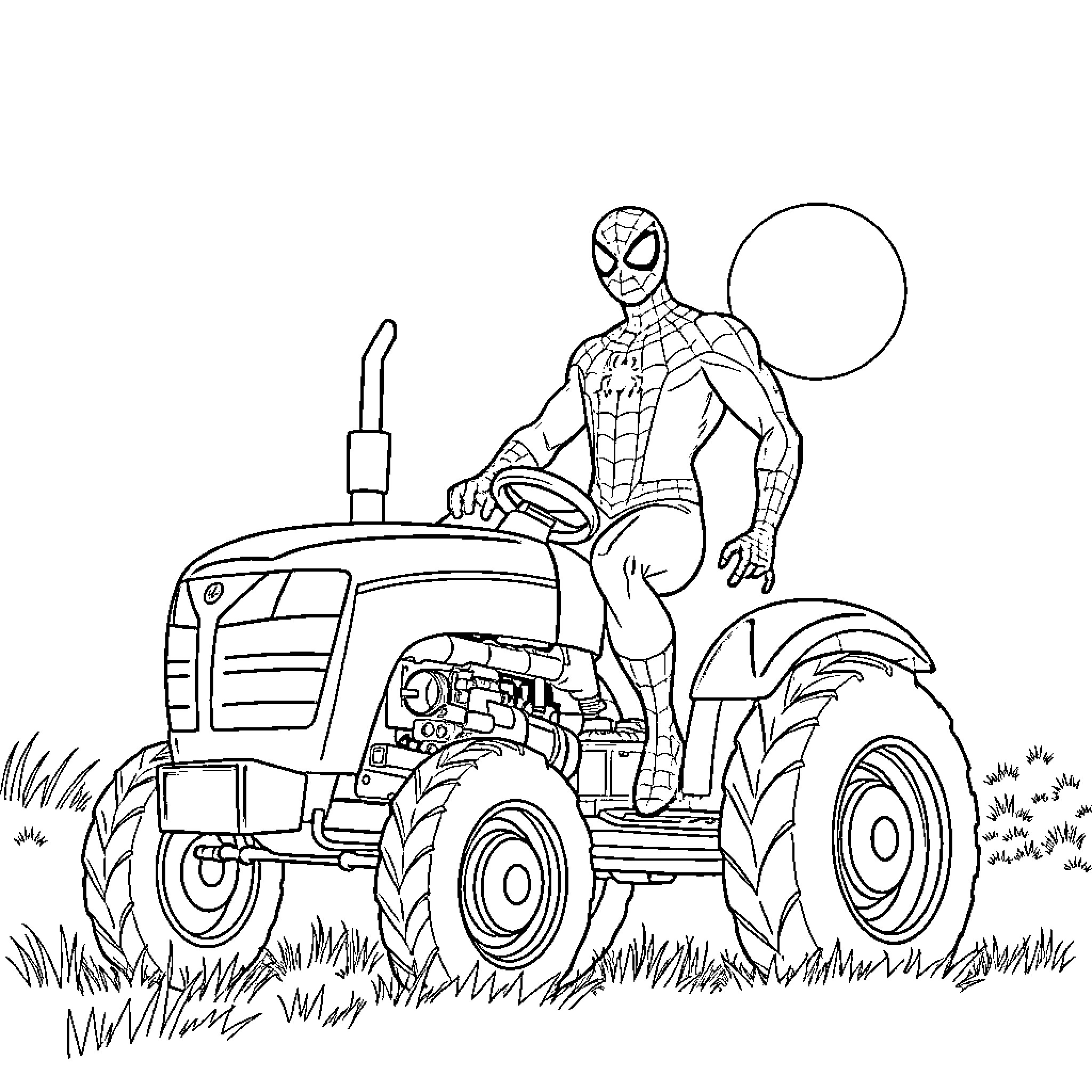Spiderman riding a tractor in the countryside Coloring Page (free black-and-white line drawing printable PDF for all, from beginners to advanced learners, including children, teens, adults, and seniors)