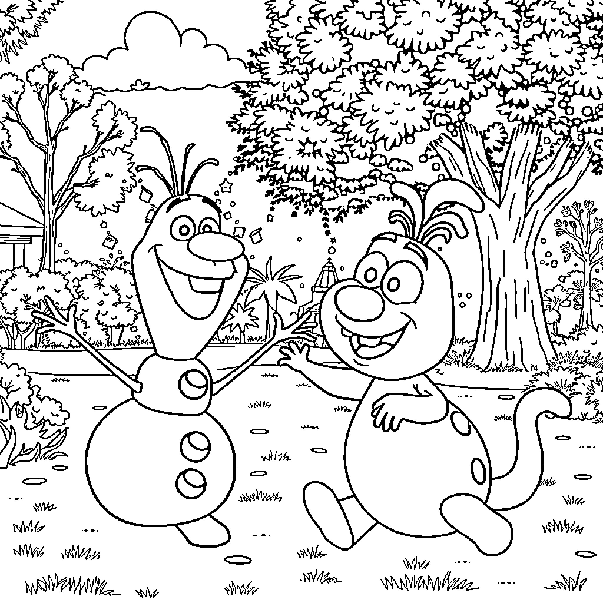 Olaf and Olaf's friend celebrate in the forest Coloring Page (free black-and-white line drawing printable PDF for all, from beginners to advanced learners, including children, teens, adults, and seniors)