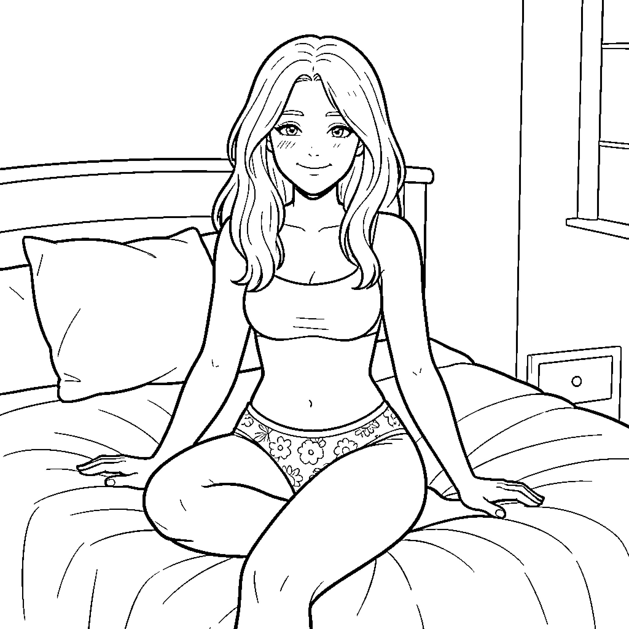 Girlfriend relaxing on the bed Coloring Page (free black-and-white line drawing printable PDF for all, from beginners to advanced learners, including children, teens, adults, and seniors)