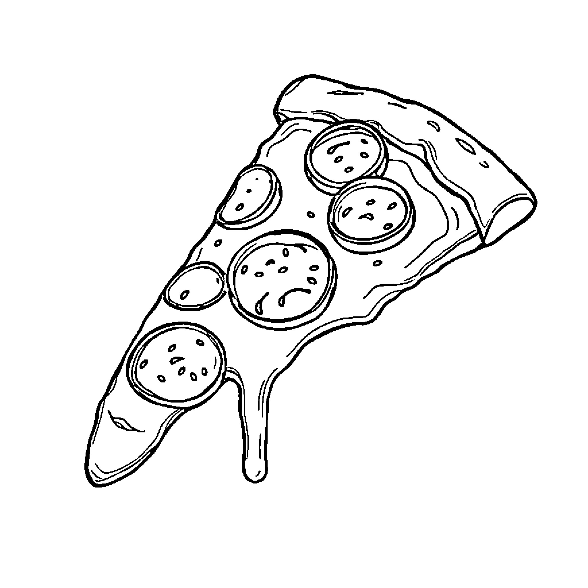 Pizza Slice with Toppings Coloring Page (free black-and-white line drawing printable PDF for all, from beginners to advanced learners, including children, teens, adults, and seniors)
