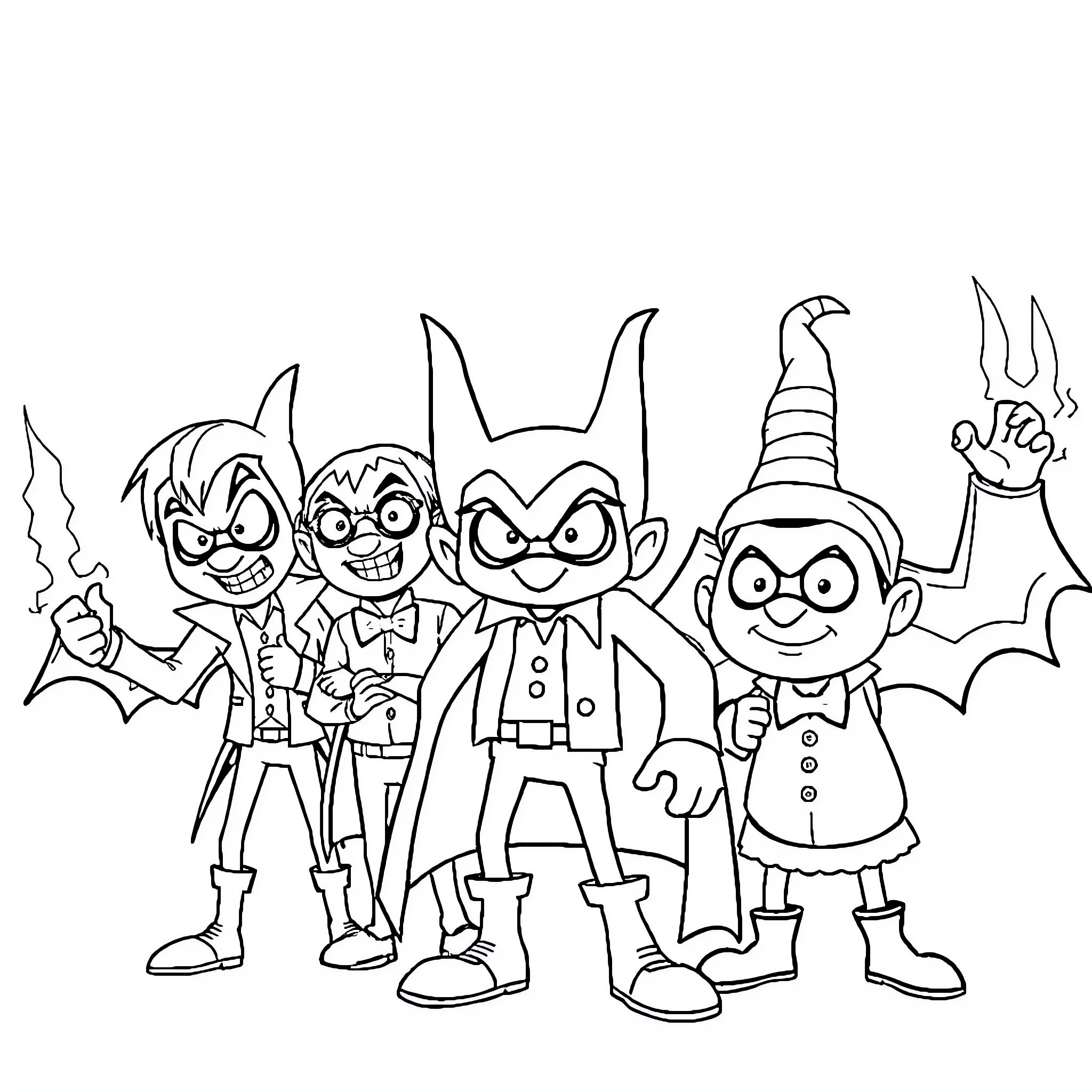 Bad Guys Posing in Villainous Outfits Coloring Page (free black-and-white line drawing printable PDF for all, from beginners to advanced learners, including children, teens, adults, and seniors)