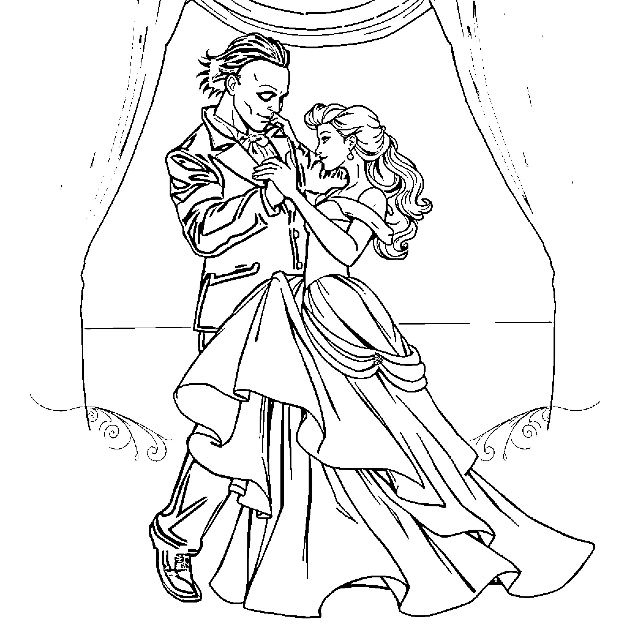 Michael Myers and Laurie Strode in a romantic dance Coloring Page (free black-and-white line drawing printable PDF for all, from beginners to advanced learners, including children, teens, adults, and seniors)