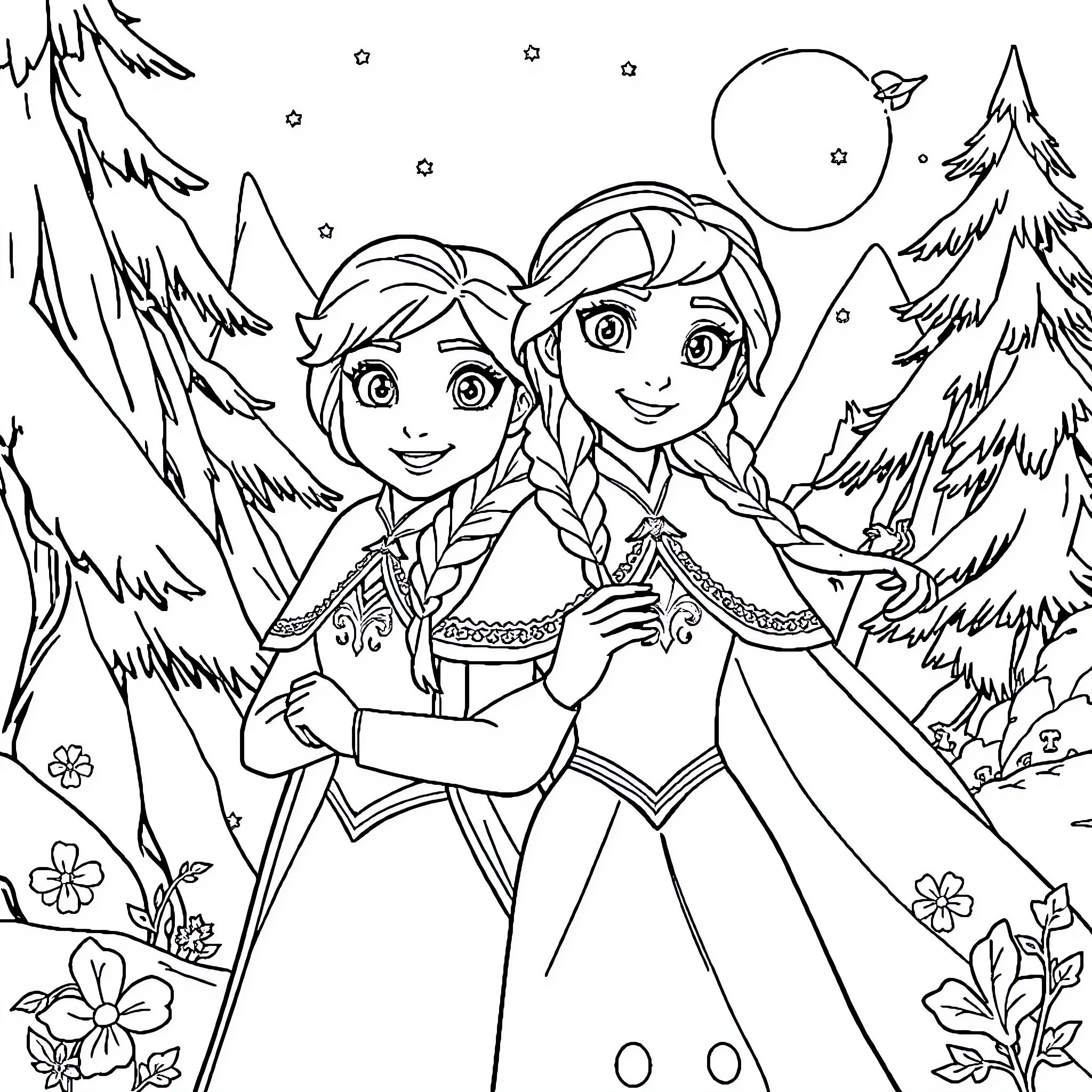 Anna and Elsa in a winter wonderland Coloring Page (free black-and-white line drawing printable PDF for all, from beginners to advanced learners, including children, teens, adults, and seniors)