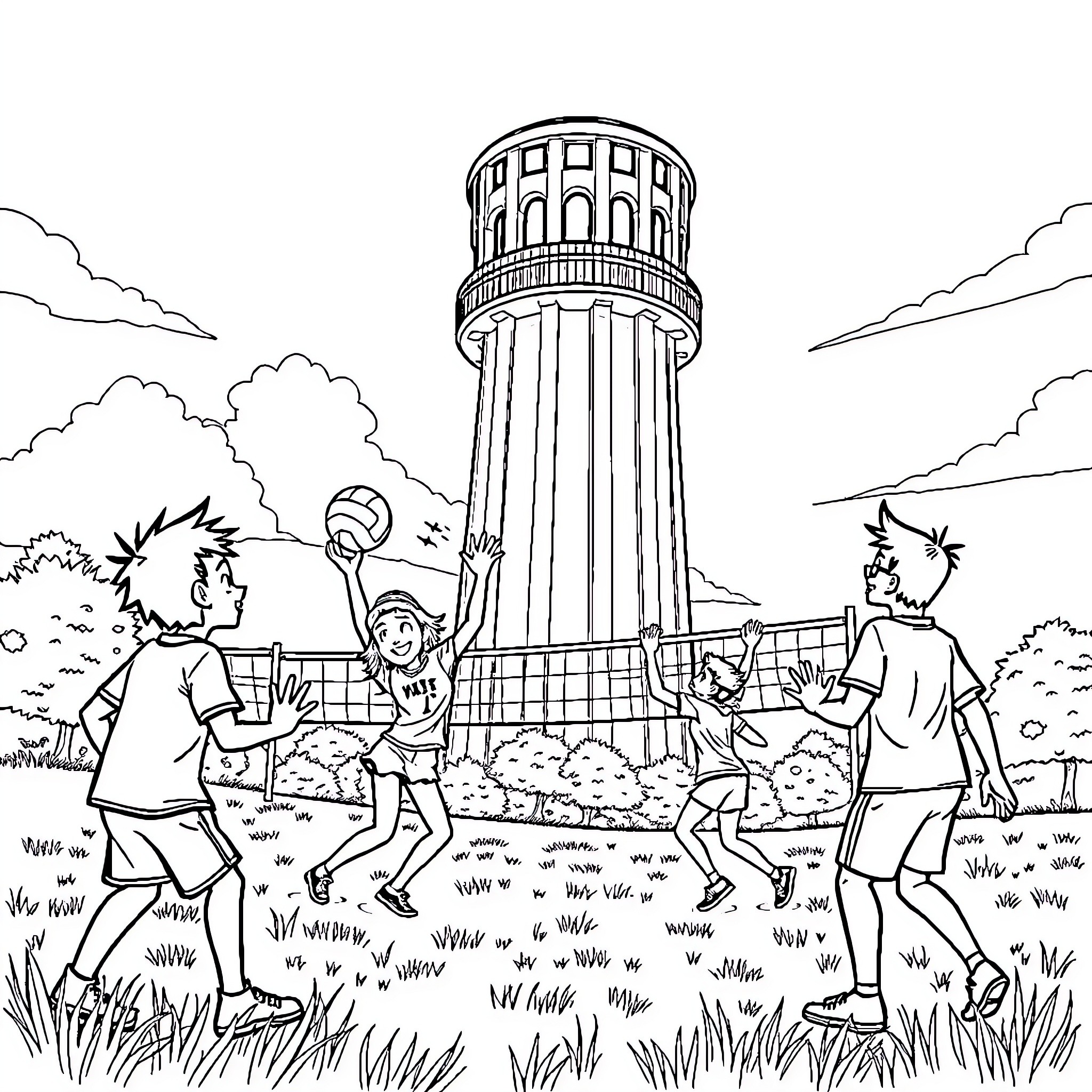 Jhope playing and dancing with friends in a field Coloring Page (free black-and-white line drawing printable PDF for all, from beginners to advanced learners, including children, teens, adults, and seniors)