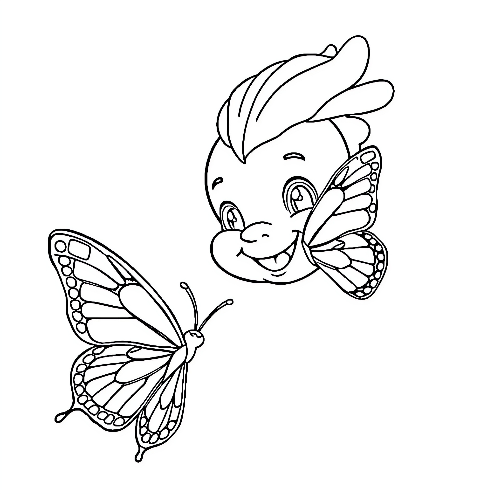 Labubu's Playful Butterflies Coloring Page (free black-and-white line drawing printable PDF for all, from beginners to advanced learners, including children, teens, adults, and seniors)