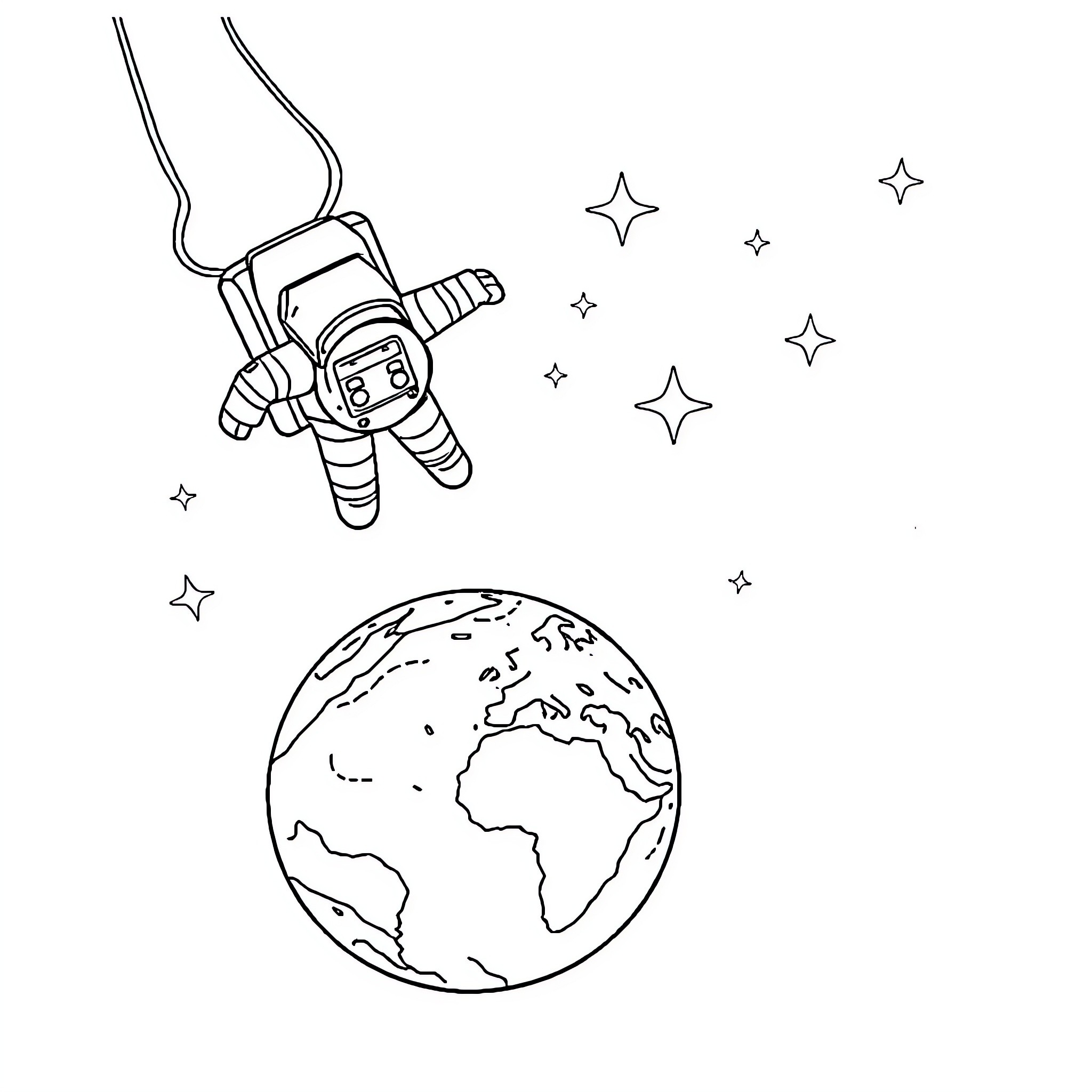 Astronaut exploring the cosmos Coloring Page (free black-and-white line drawing printable PDF for all, from beginners to advanced learners, including children, teens, adults, and seniors)