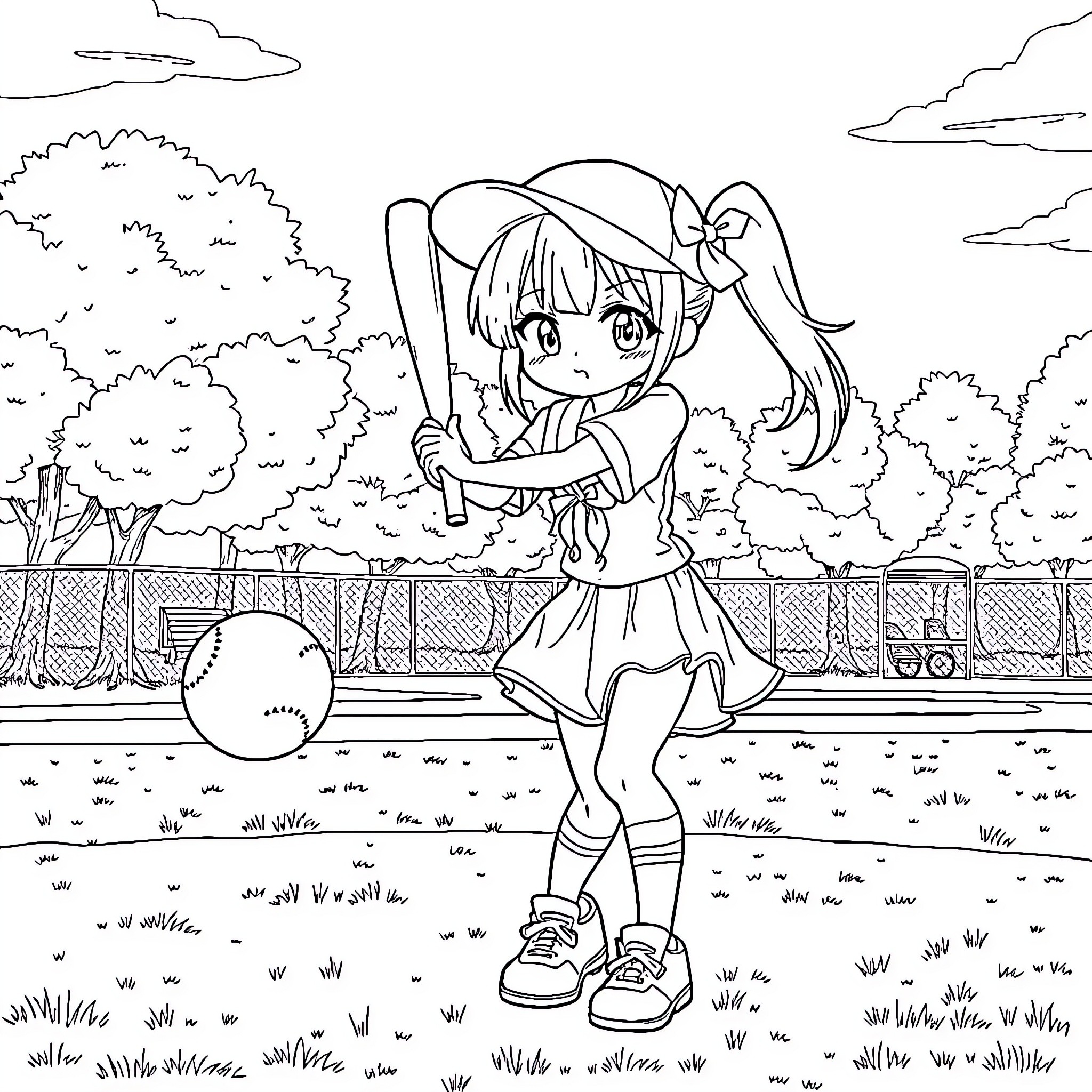 Kuromi playing cheerfully in the park Coloring Page (free black-and-white line drawing printable PDF for all, from beginners to advanced learners, including children, teens, adults, and seniors)