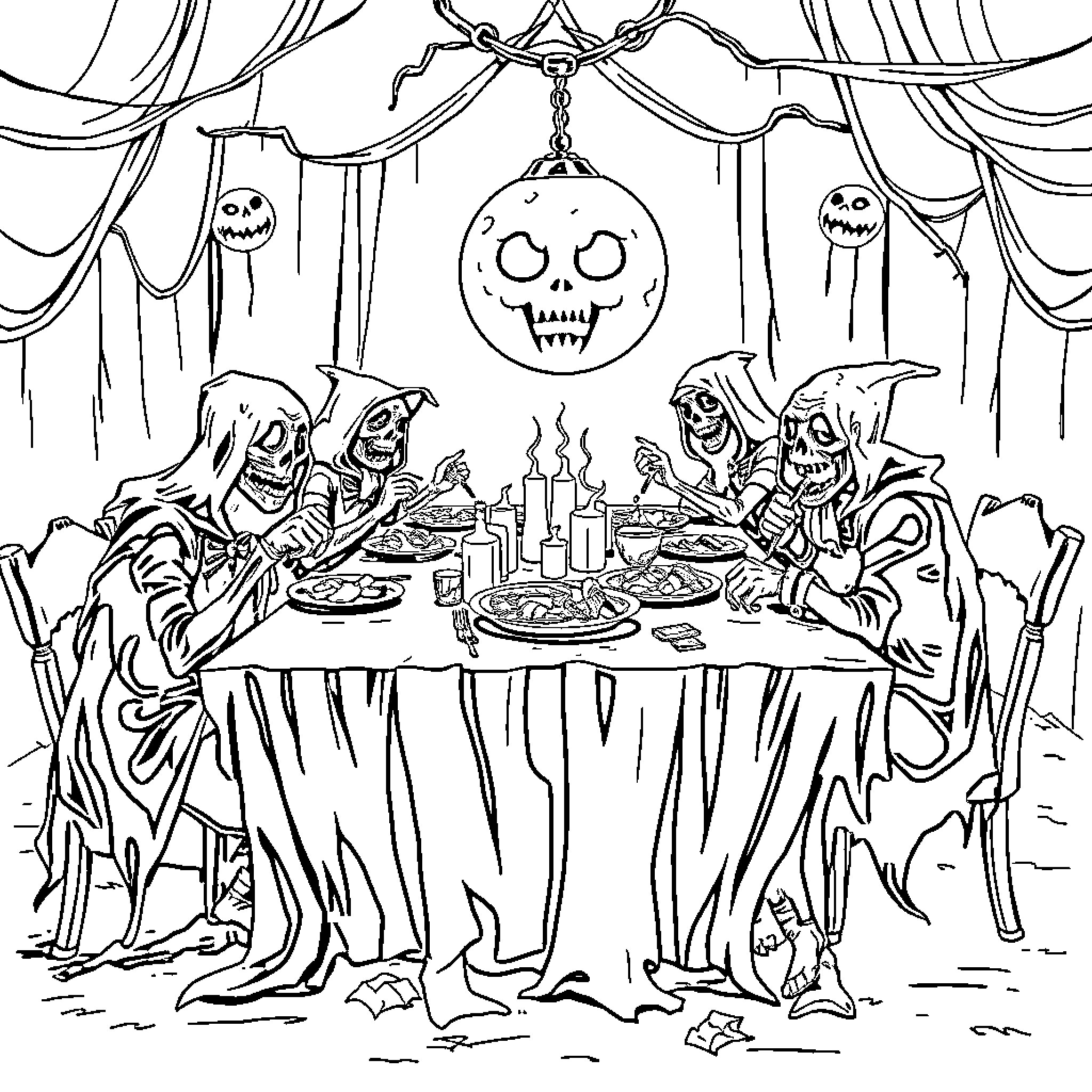 Horror Character Dining With Skeletal Figures Coloring Page (free black-and-white line drawing printable PDF for all, from beginners to advanced learners, including children, teens, adults, and seniors)
