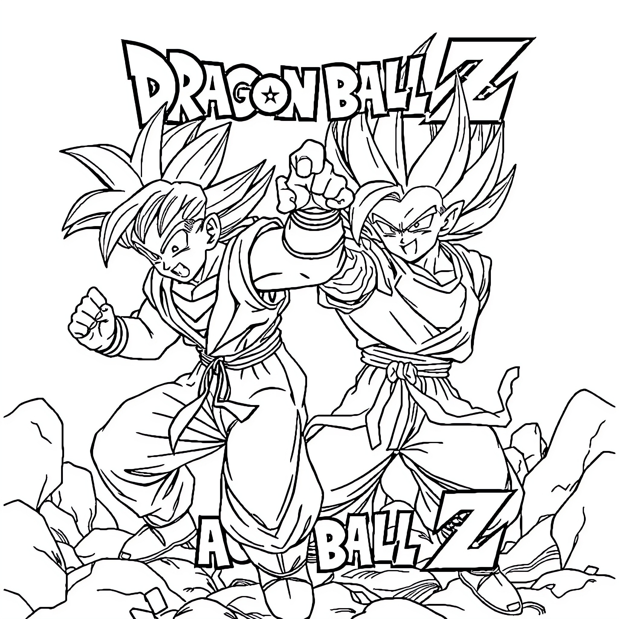 Dragon Ball Z characters in epic battle pose Coloring Page (free black-and-white line drawing printable PDF for all, from beginners to advanced learners, including children, teens, adults, and seniors)