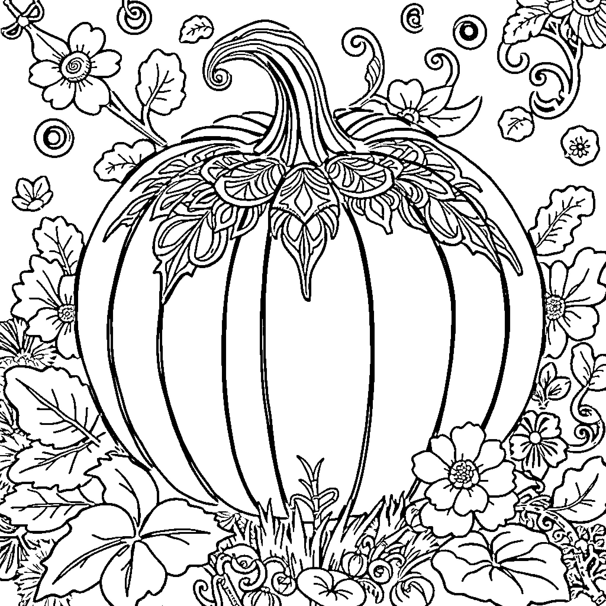 Pumpkin surrounded by intricate floral patterns Coloring Page (free black-and-white line drawing printable PDF for all, from beginners to advanced learners, including children, teens, adults, and seniors)