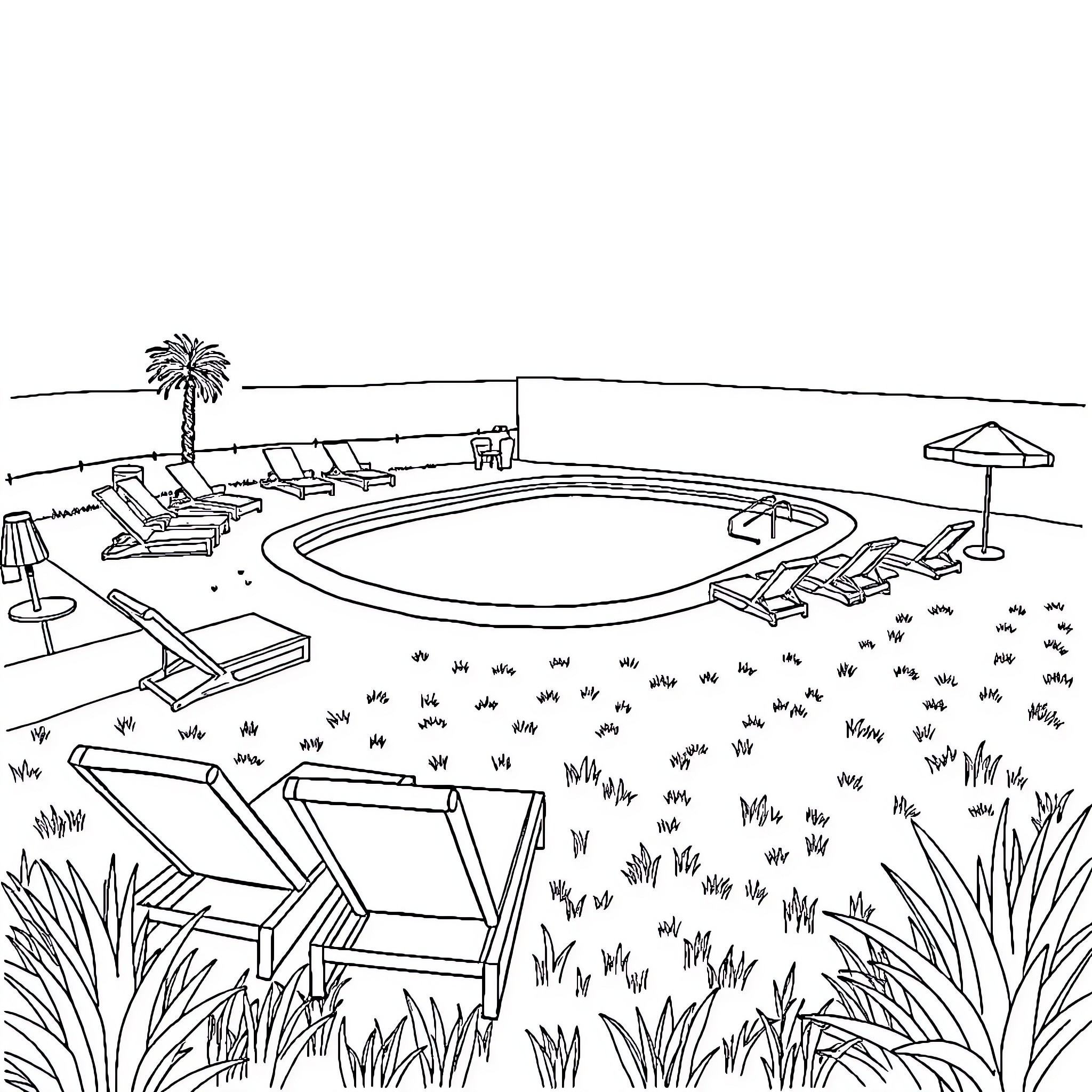 Pool Party Preparations in Tropical Setting Coloring Page (free black-and-white line drawing printable PDF for all, from beginners to advanced learners, including children, teens, adults, and seniors)
