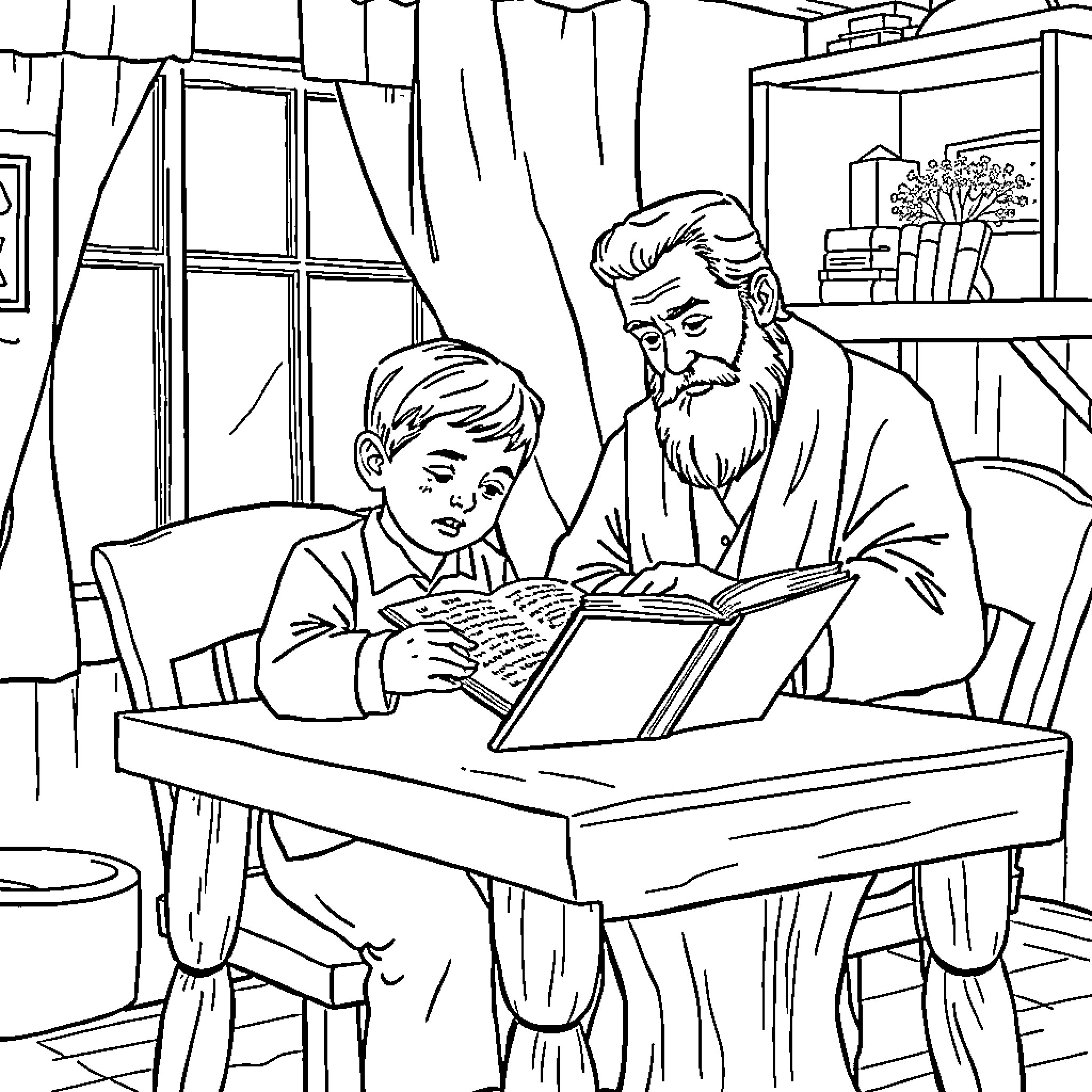 Jewish Boy and Elder Studying Together in Study Room Coloring Page (free black-and-white line drawing printable PDF for all, from beginners to advanced learners, including children, teens, adults, and seniors)