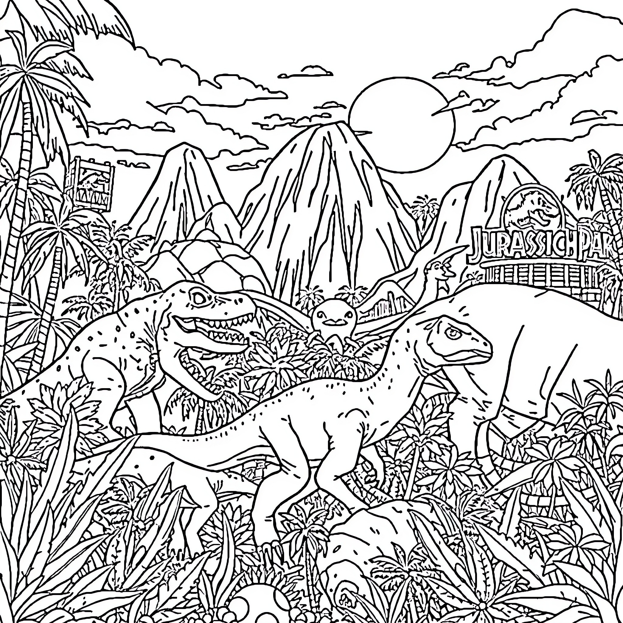 Dinosaurs in a Prehistoric Landscape Coloring Page (free black-and-white line drawing printable PDF for all, from beginners to advanced learners, including children, teens, adults, and seniors)