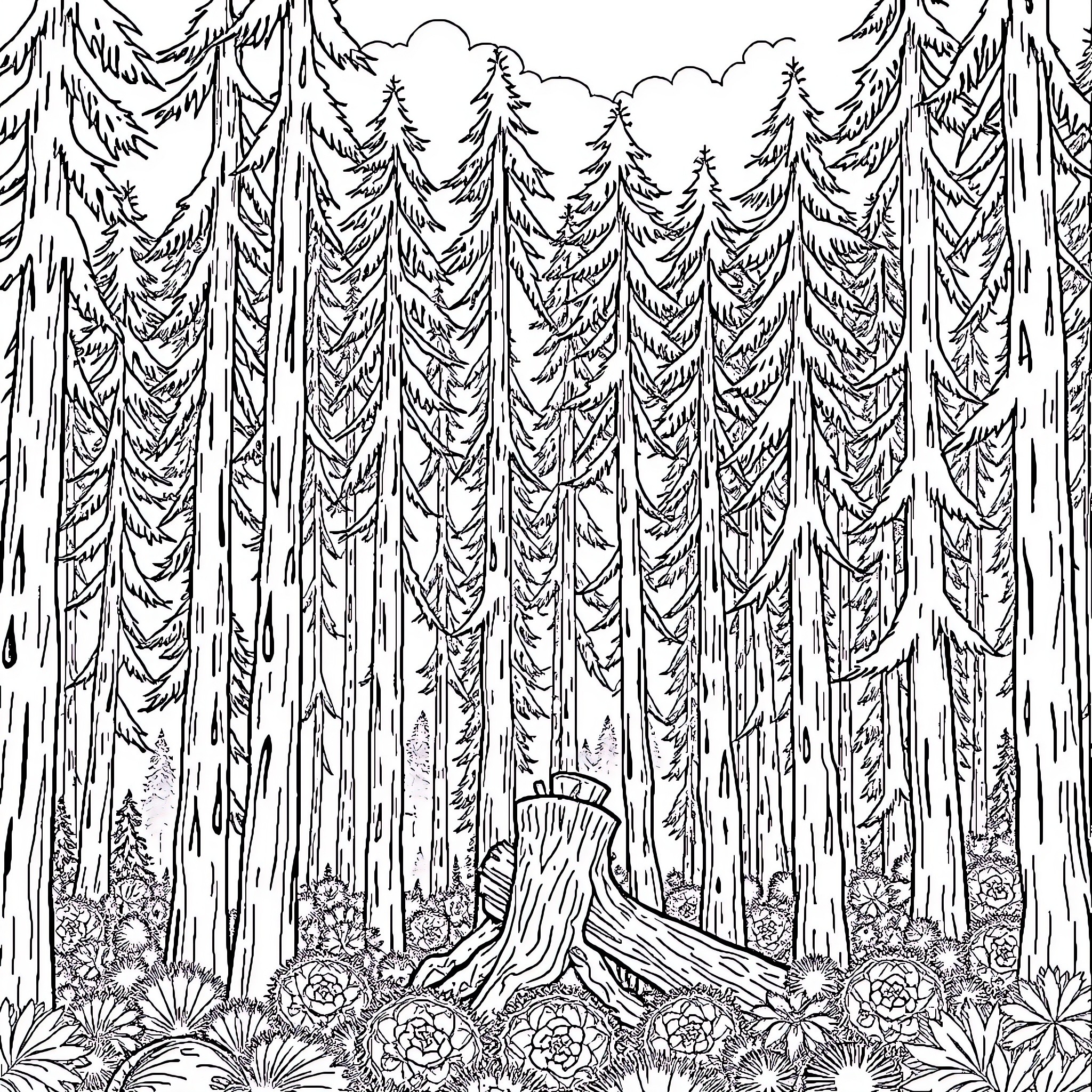 Tree Forest with Flowers and Undergrowth Coloring Page (free black-and-white line drawing printable PDF for all, from beginners to advanced learners, including children, teens, adults, and seniors)
