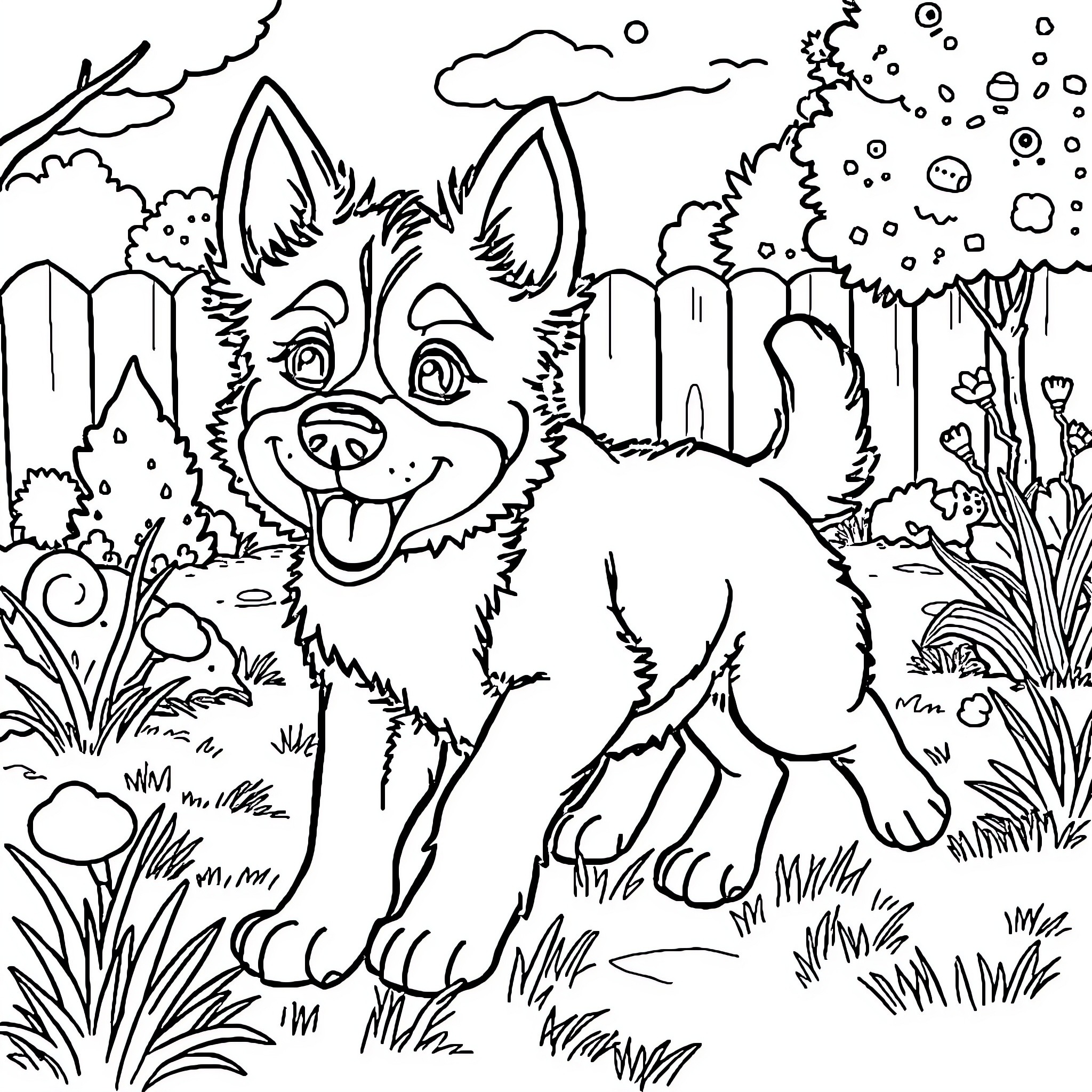 Bluey playing joyfully in the outdoor landscape Coloring Page (free black-and-white line drawing printable PDF for all, from beginners to advanced learners, including children, teens, adults, and seniors)