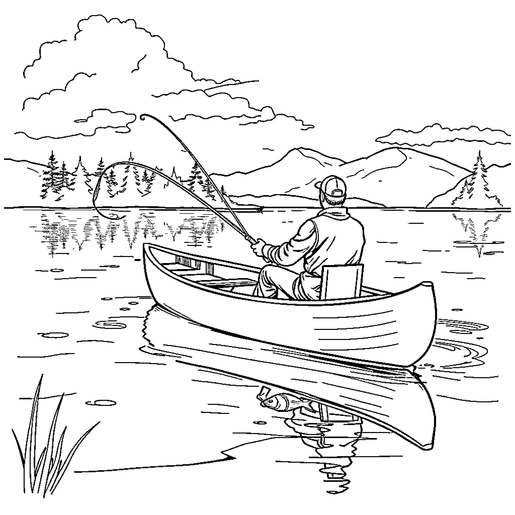 Man fishing alone in a boat on a serene lake Coloring Page (free black-and-white line drawing printable PDF for all, from beginners to advanced learners, including children, teens, adults, and seniors)