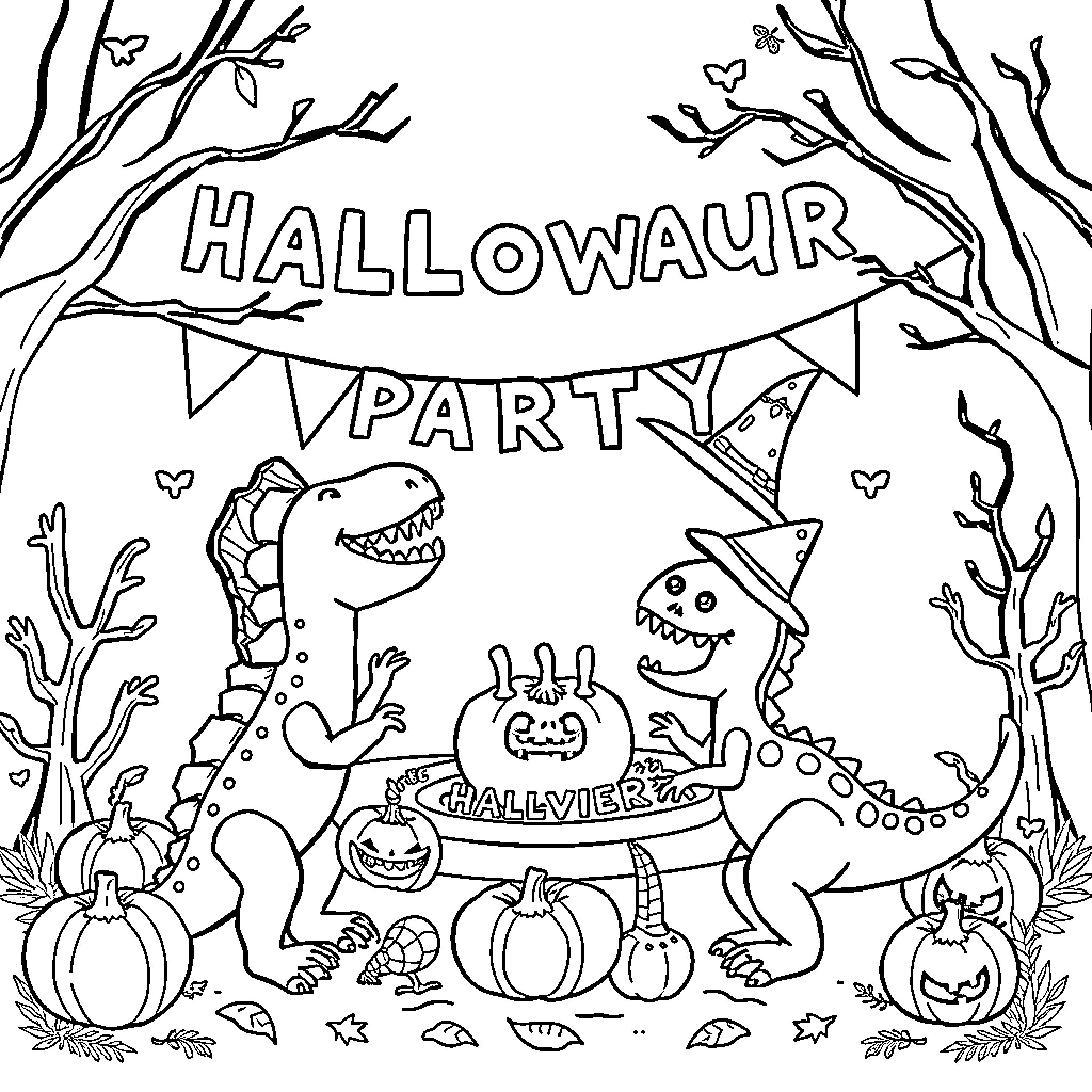 Dinosaurs celebrating Hallowaur party in the forest Coloring Page (free black-and-white line drawing printable PDF for all, from beginners to advanced learners, including children, teens, adults, and seniors)