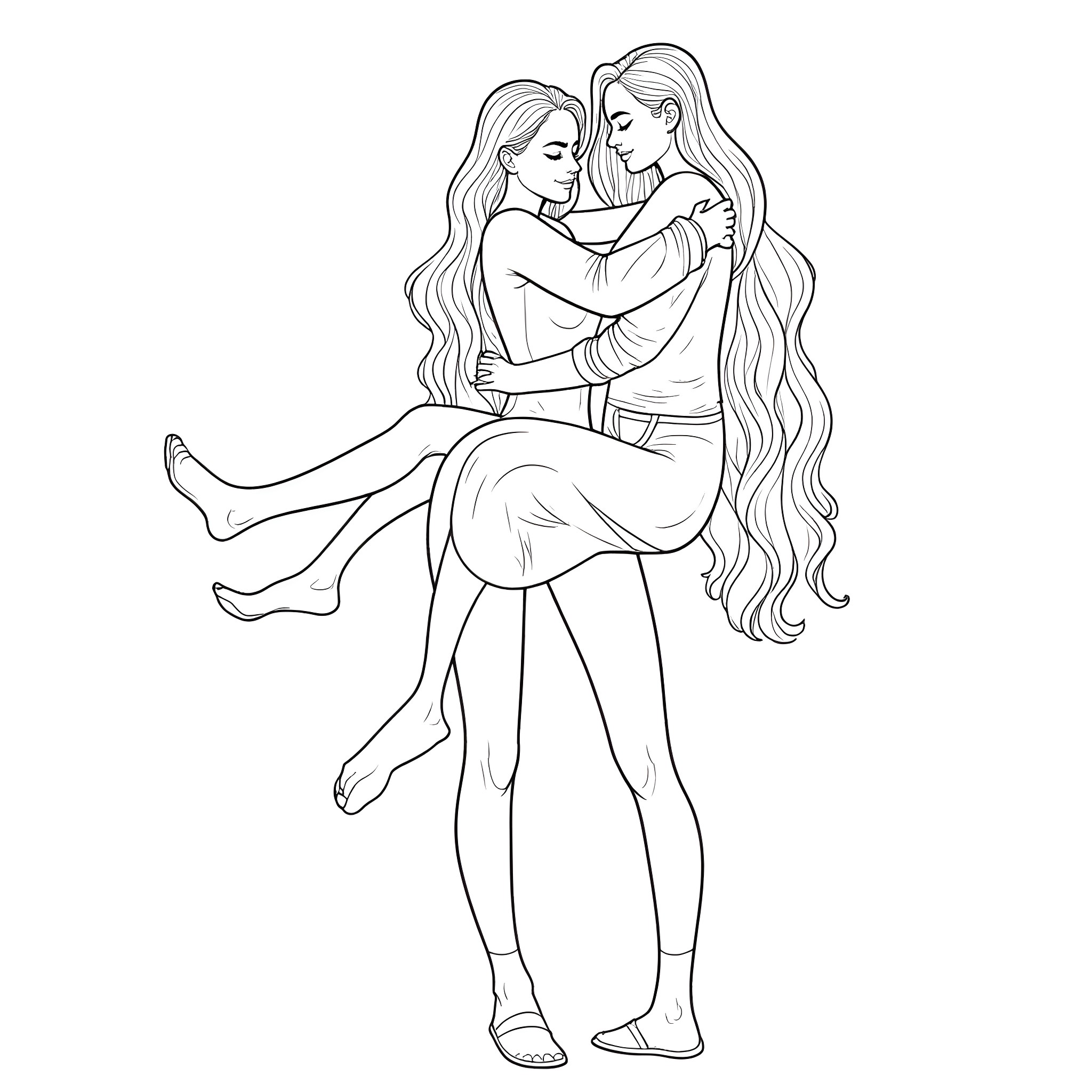 Lesbian lovers in close embrace Coloring Page (free black-and-white line drawing printable PDF for all, from beginners to advanced learners, including children, teens, adults, and seniors)