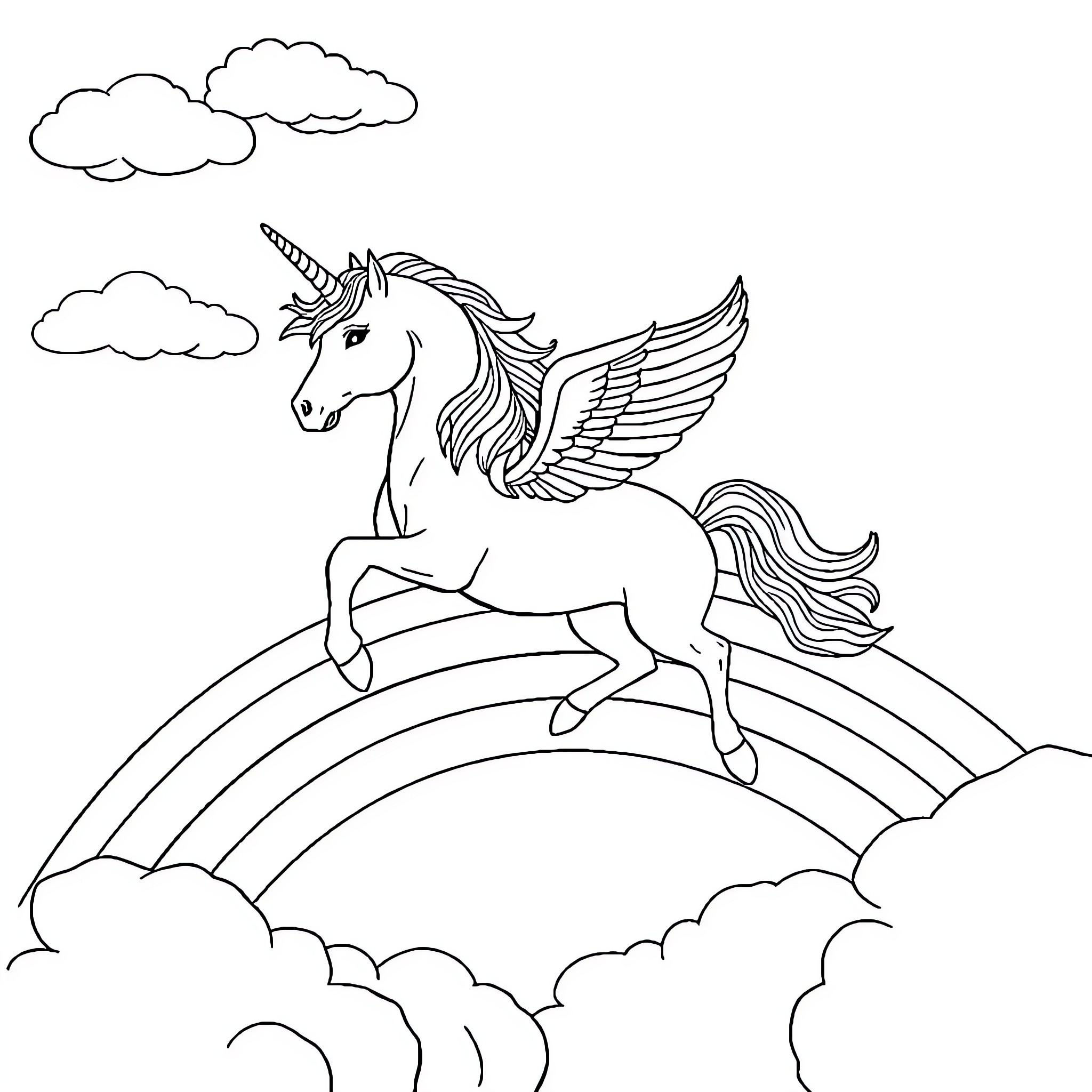 Unicorn soaring through the clouds Coloring Page (free black-and-white line drawing printable PDF for all, from beginners to advanced learners, including children, teens, adults, and seniors)