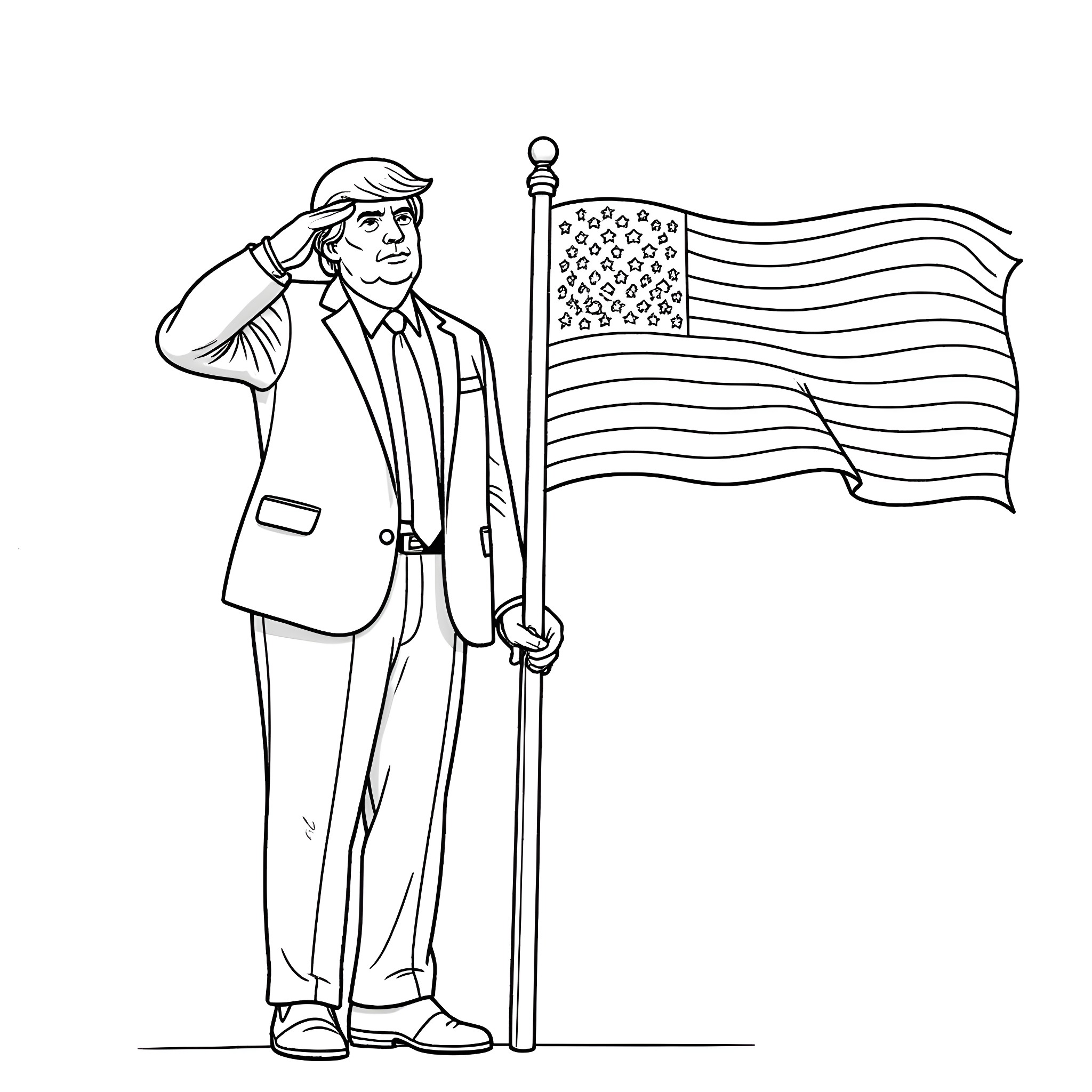 Donald Trump saluting with American flag Coloring Page (free black-and-white line drawing printable PDF for all, from beginners to advanced learners, including children, teens, adults, and seniors)
