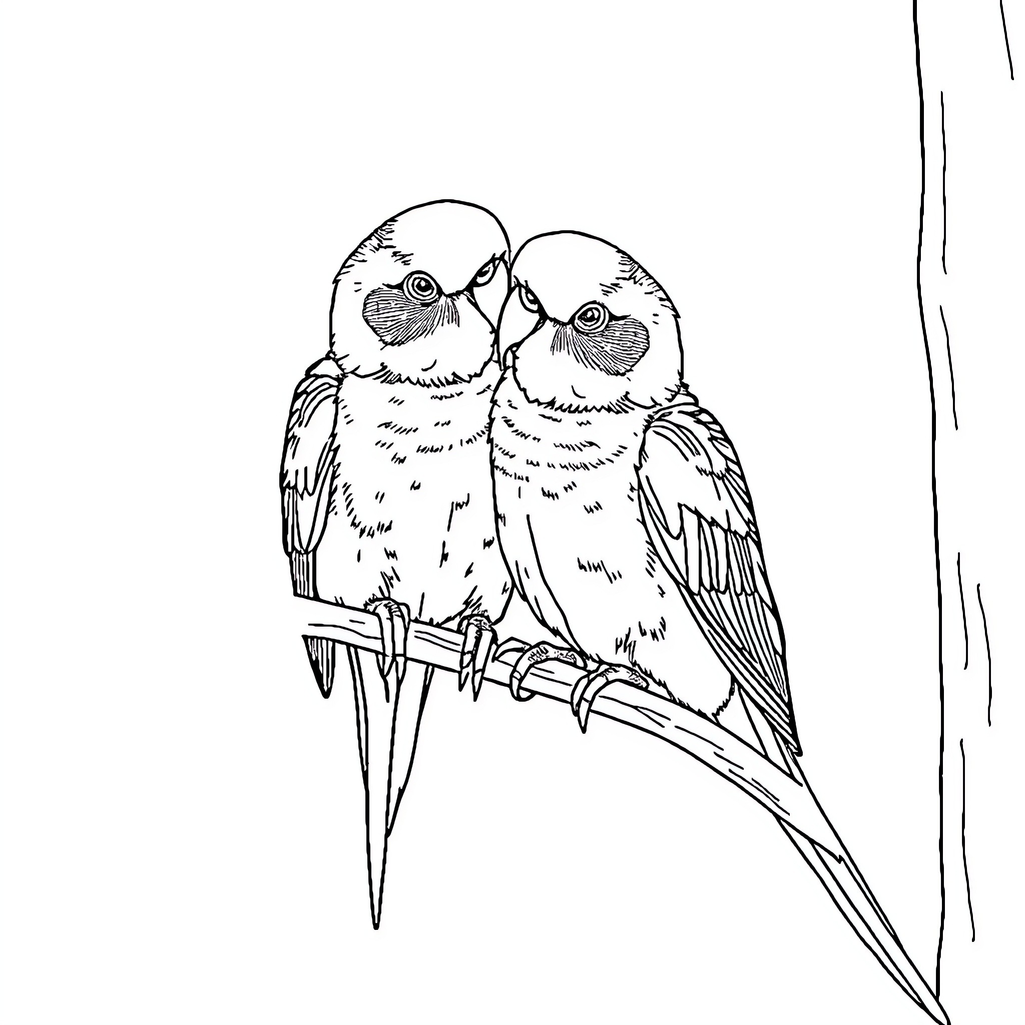 Parrotlet pair perched affectionately together Coloring Page (free black-and-white line drawing printable PDF for all, from beginners to advanced learners, including children, teens, adults, and seniors)