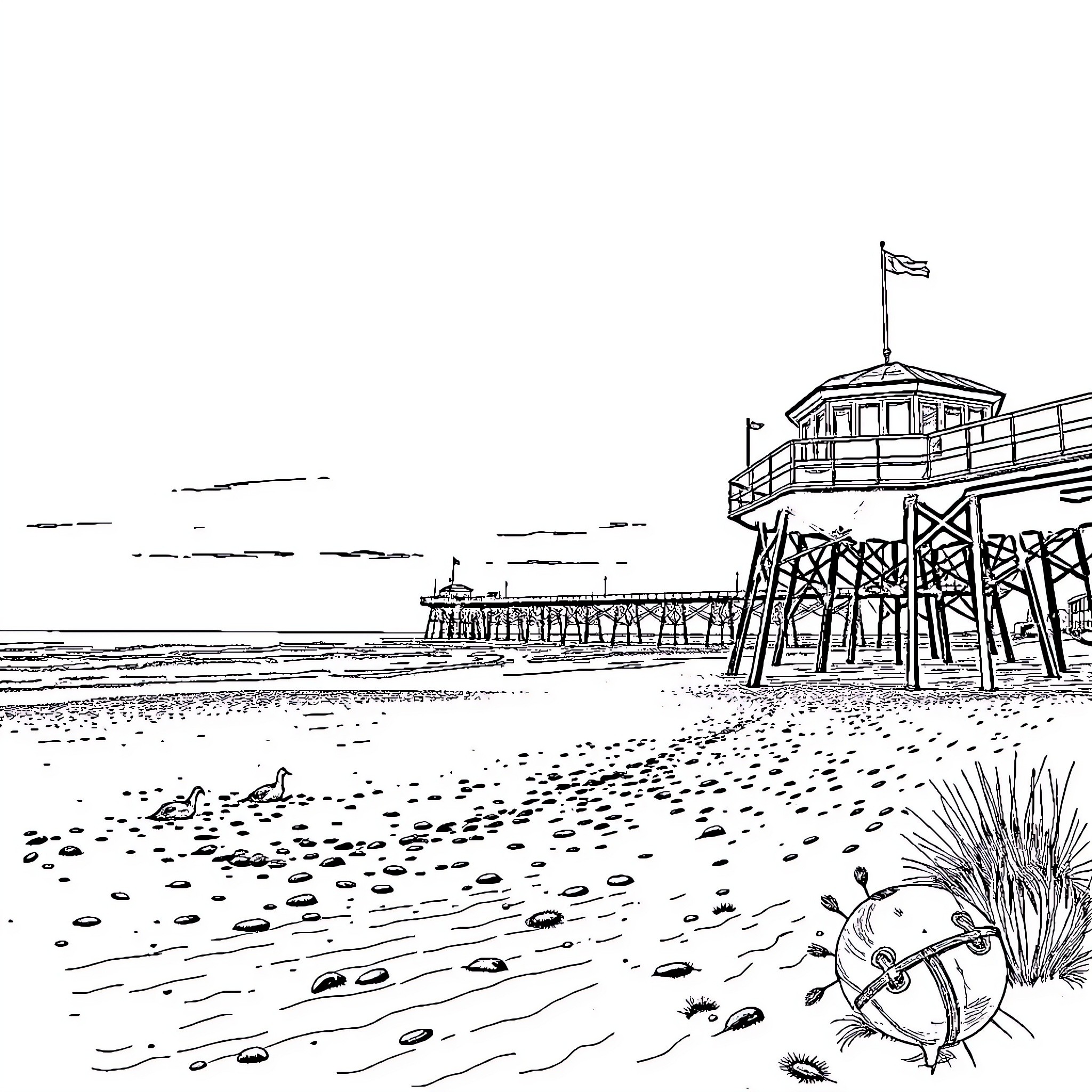 Beach scene with lifeguard station and beach landscape Coloring Page (free black-and-white line drawing printable PDF for all, from beginners to advanced learners, including children, teens, adults, and seniors)