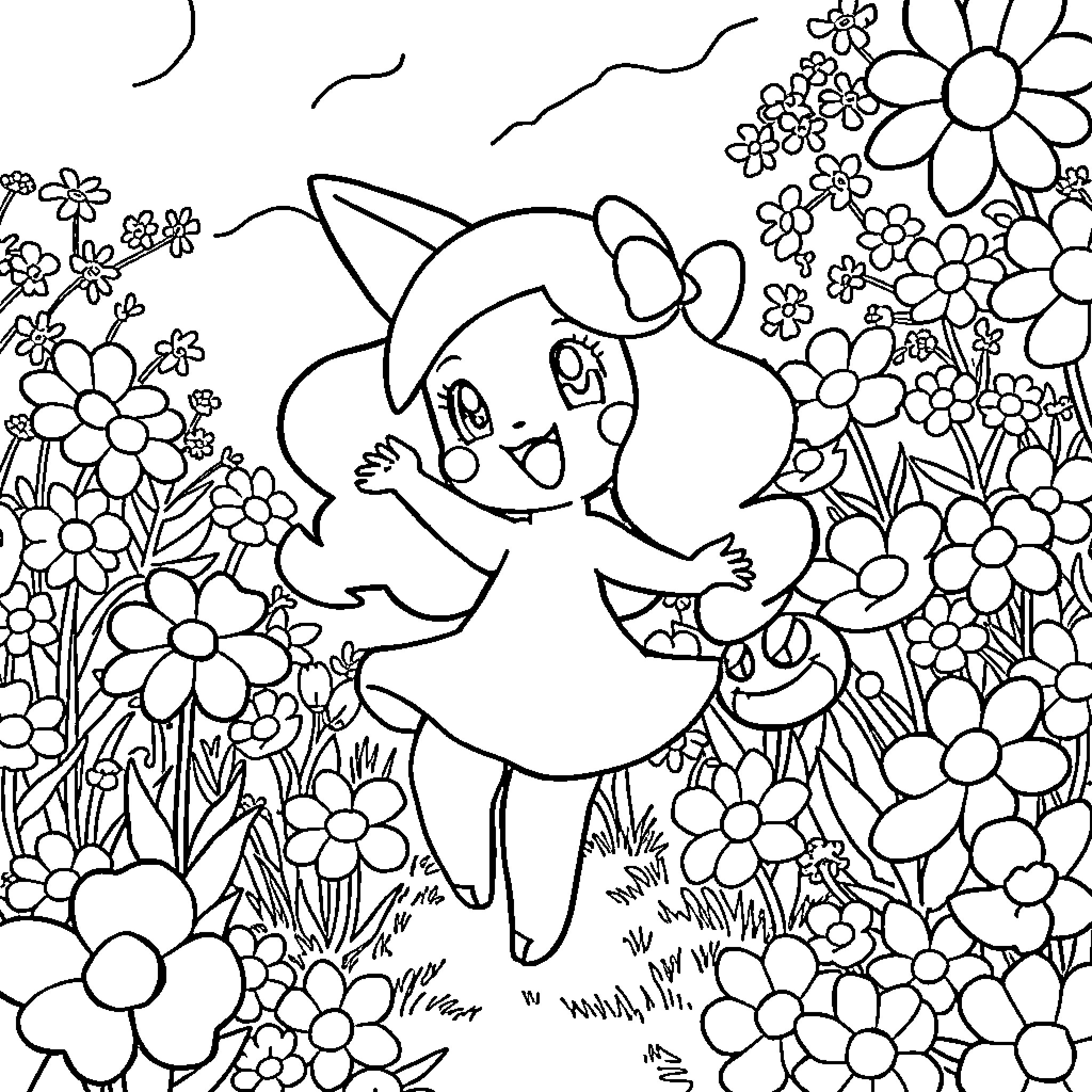 Chiara's Floral Adventure Coloring Page (free black-and-white line drawing printable PDF for all, from beginners to advanced learners, including children, teens, adults, and seniors)