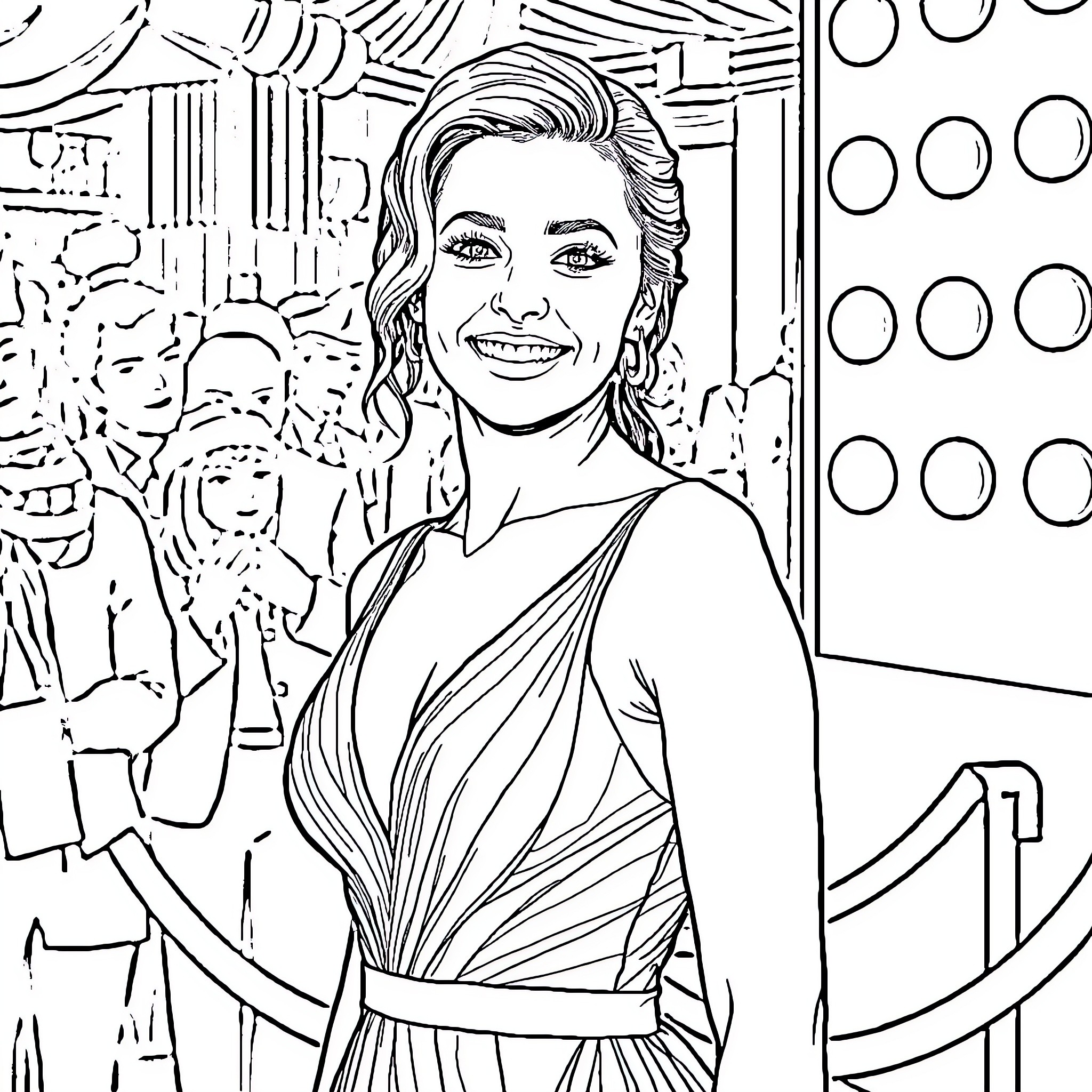 Sydney Sweeney posing on the red carpet Coloring Page (free black-and-white line drawing printable PDF for all, from beginners to advanced learners, including children, teens, adults, and seniors)