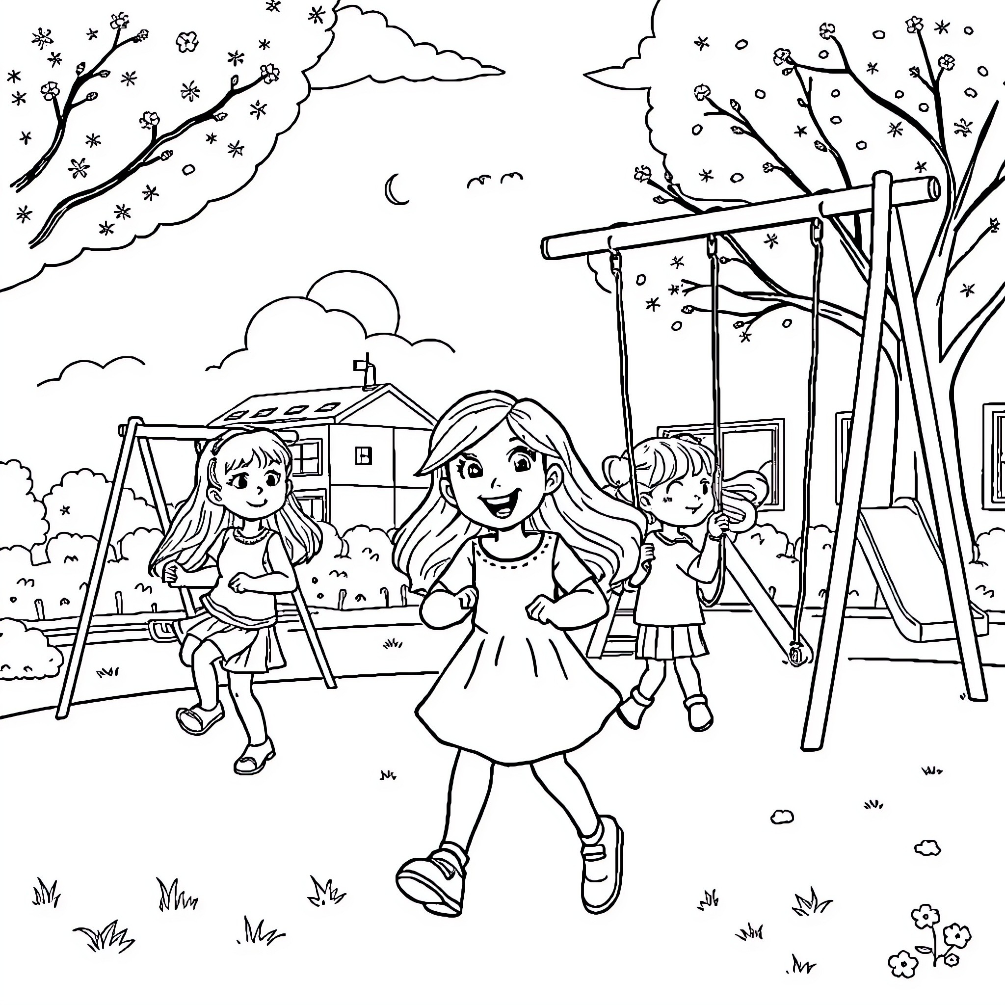 Mona and Friends Playing at the Playground Coloring Page (free black-and-white line drawing printable PDF for all, from beginners to advanced learners, including children, teens, adults, and seniors)