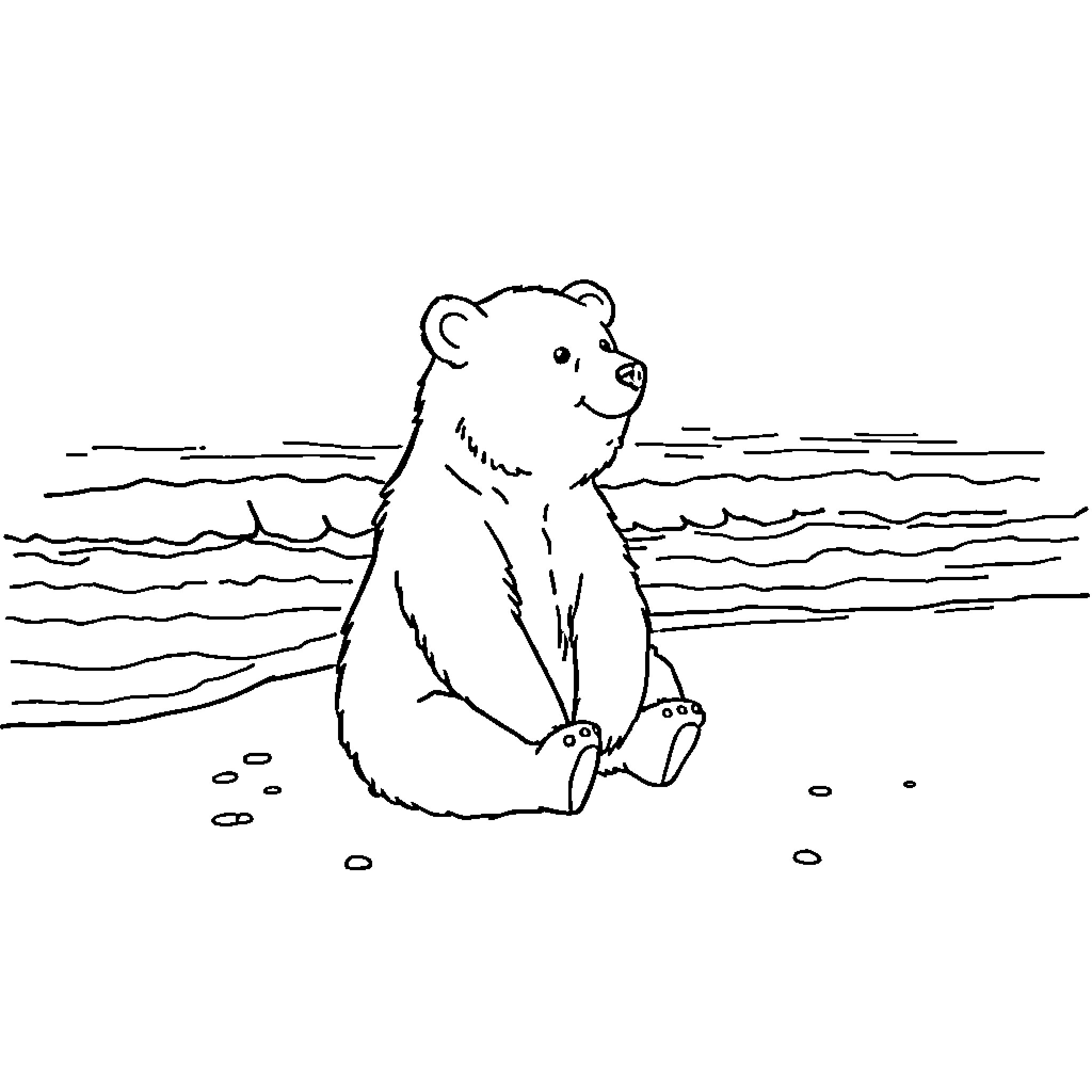 Bear relaxing by the water's edge Coloring Page (free black-and-white line drawing printable PDF for all, from beginners to advanced learners, including children, teens, adults, and seniors)