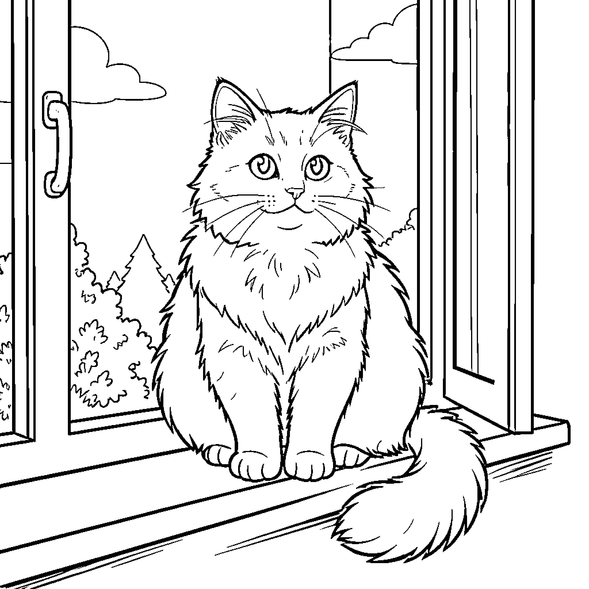 Cat looking out the window Coloring Page (free black-and-white line drawing printable PDF for all, from beginners to advanced learners, including children, teens, adults, and seniors)