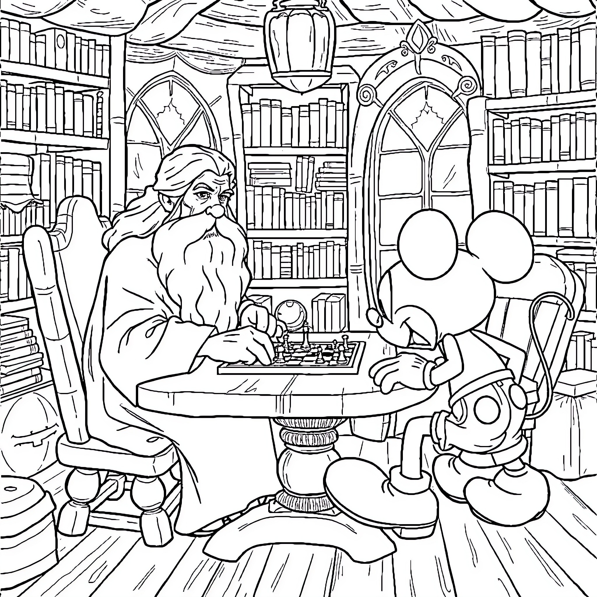 Gandalf's Enchanted Chess Match with Mysterious Companion Coloring Page (free black-and-white line drawing printable PDF for all, from beginners to advanced learners, including children, teens, adults, and seniors)
