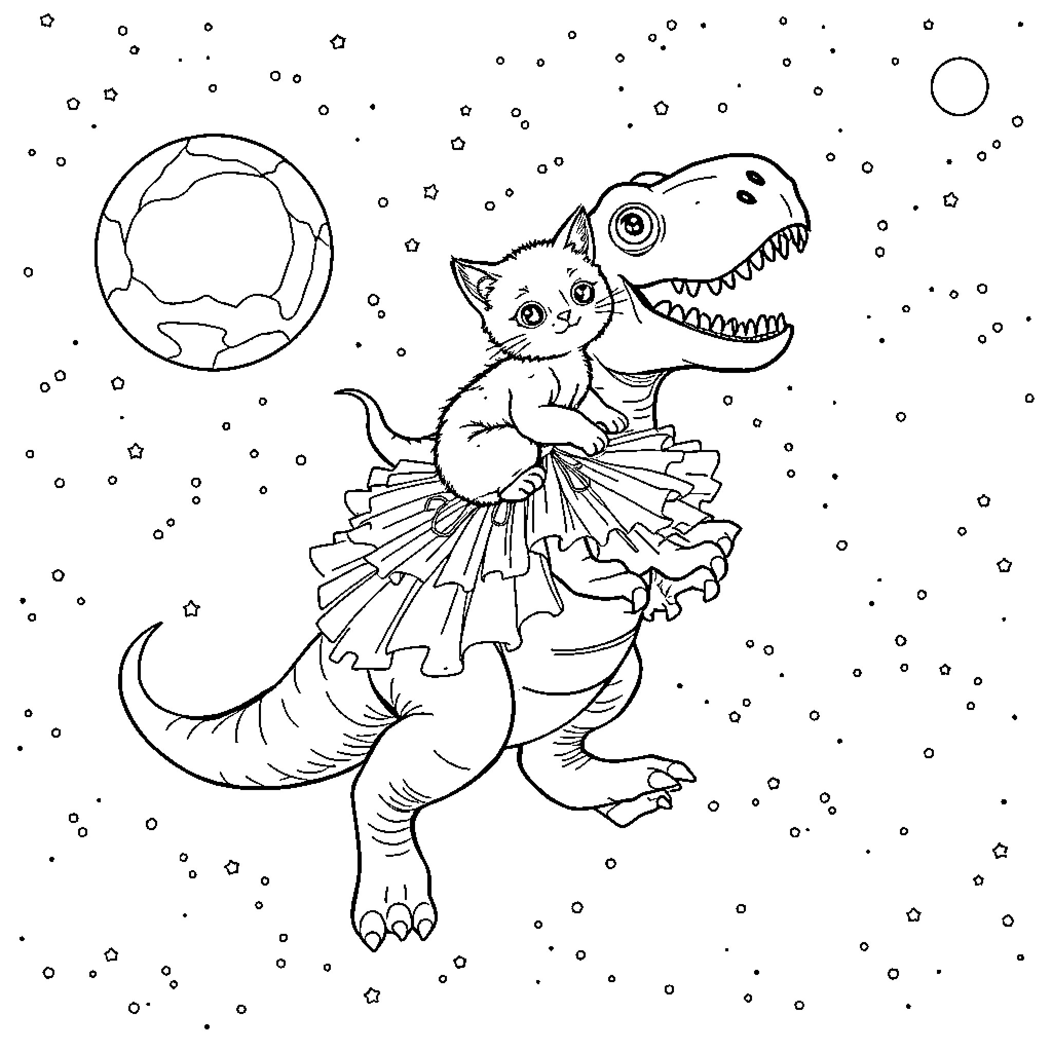 Kitten riding on a dinosaur in space Coloring Page (free black-and-white line drawing printable PDF for all, from beginners to advanced learners, including children, teens, adults, and seniors)