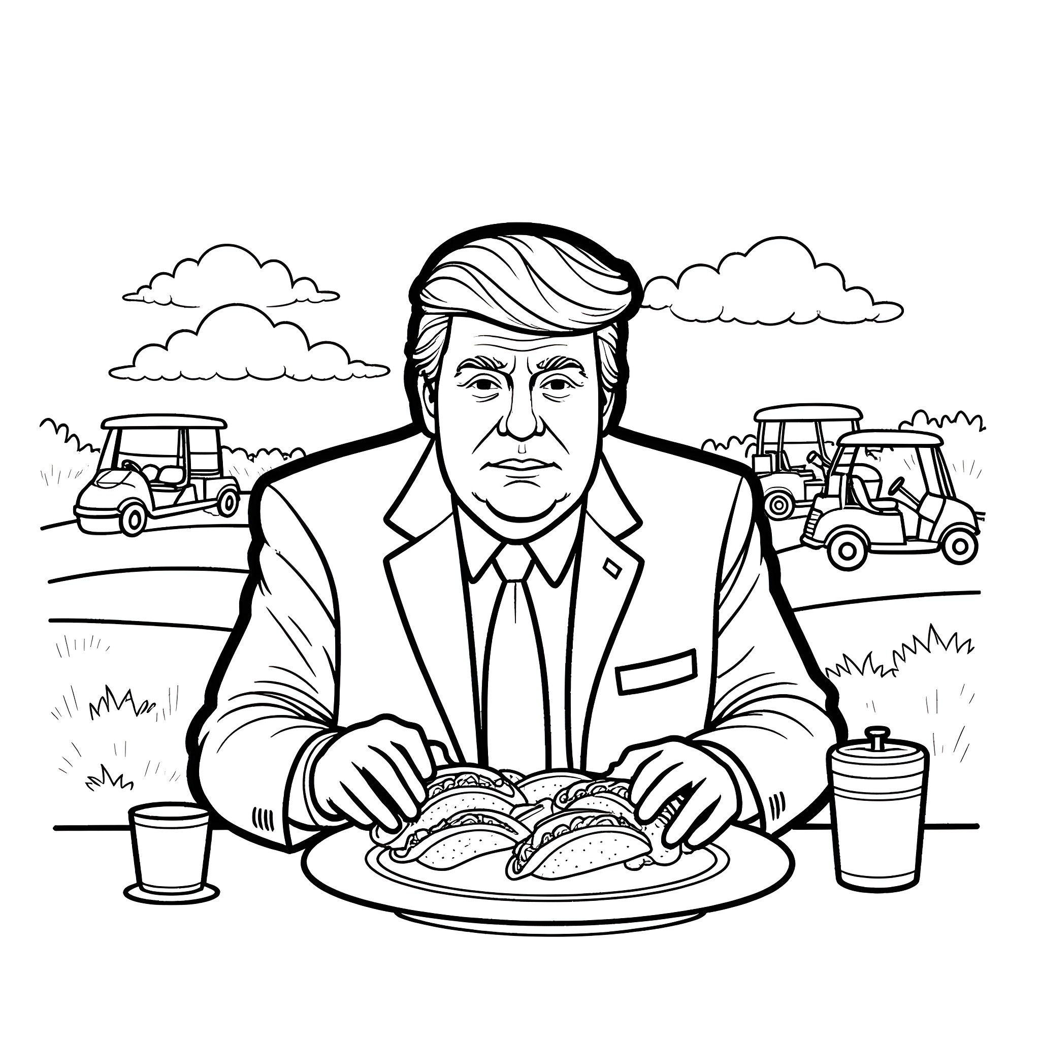 Donald Trump enjoying a meal with golf carts in the background Coloring Page (free black-and-white line drawing printable PDF for all, from beginners to advanced learners, including children, teens, adults, and seniors)