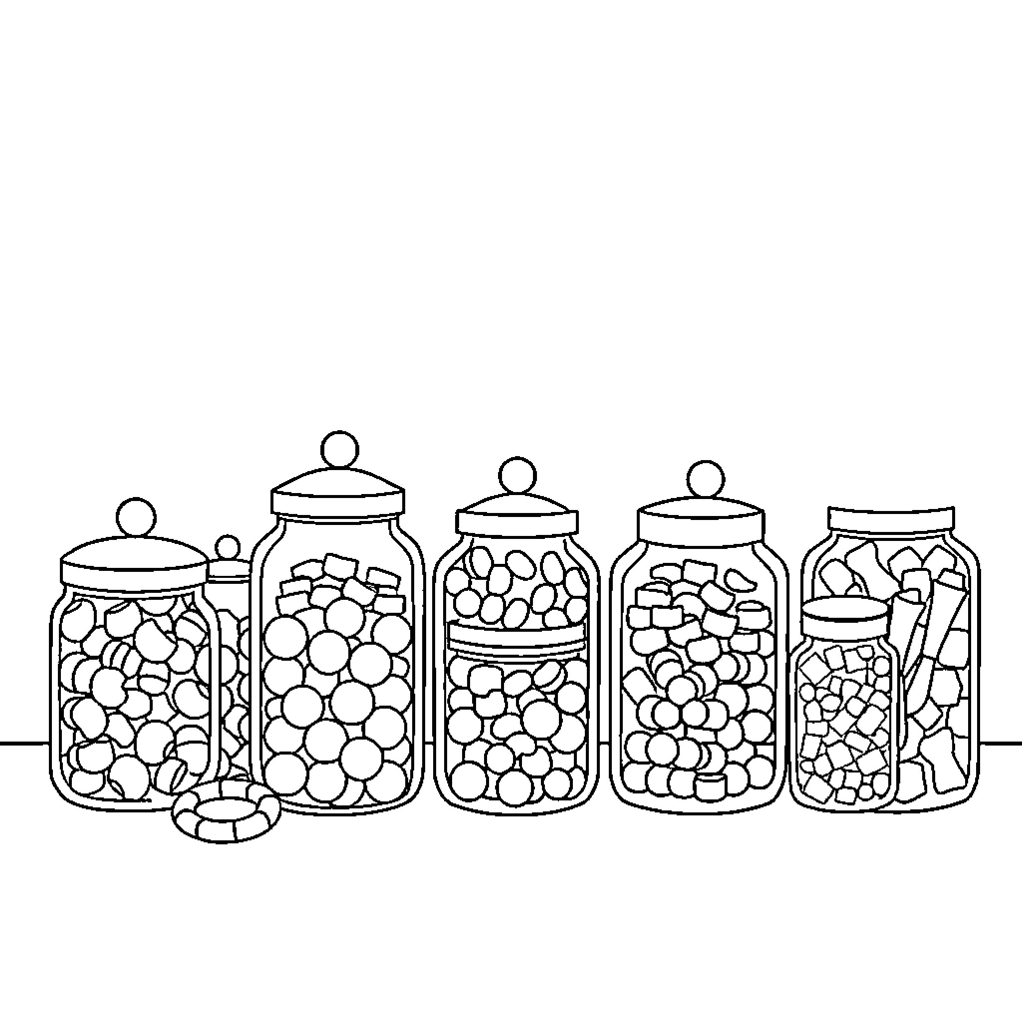 Candy Jars Filled with Colorful Candies Coloring Page (free black-and-white line drawing printable PDF for all, from beginners to advanced learners, including children, teens, adults, and seniors)