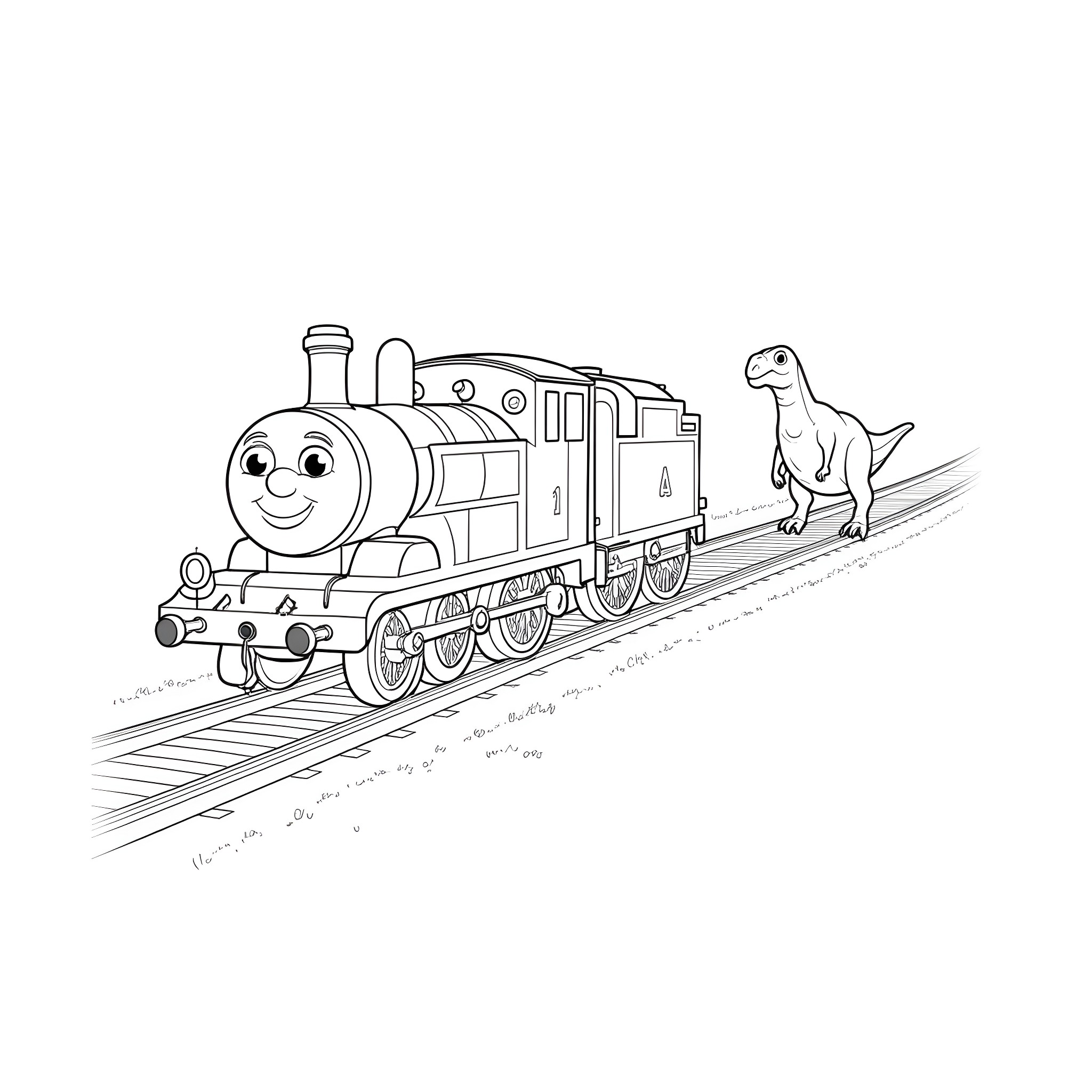 Thomas and the Dinosaur on the Tracks Coloring Page (free black-and-white line drawing printable PDF for all, from beginners to advanced learners, including children, teens, adults, and seniors)