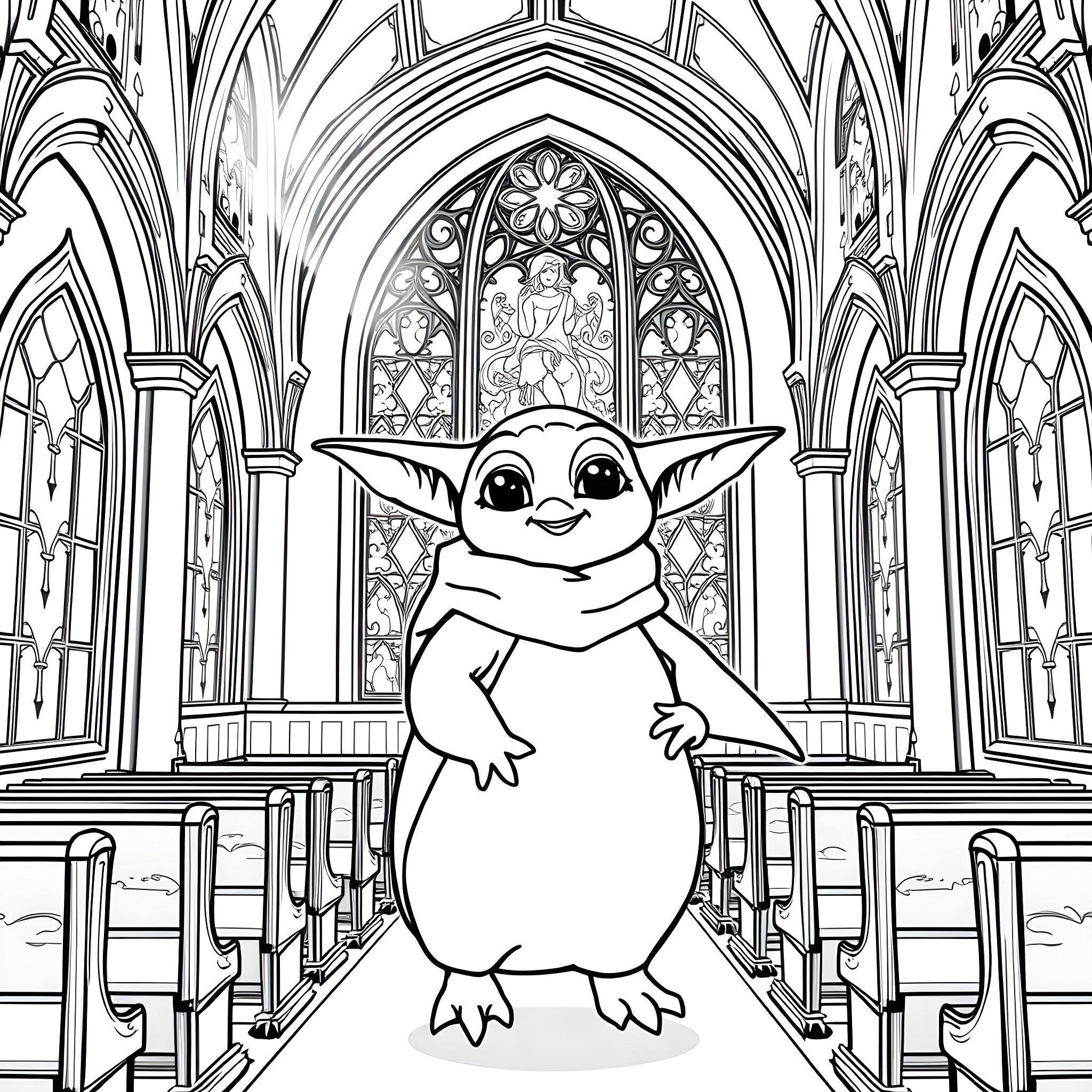 Baby Yoda exploring a beautiful cathedral Coloring Page (free black-and-white line drawing printable PDF for all, from beginners to advanced learners, including children, teens, adults, and seniors)
