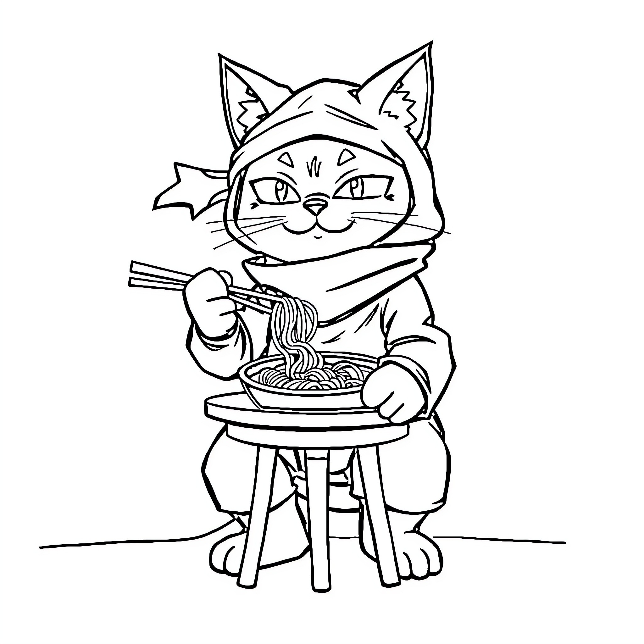 Ninja Cat enjoying a noodle dish Coloring Page (free black-and-white line drawing printable PDF for all, from beginners to advanced learners, including children, teens, adults, and seniors)